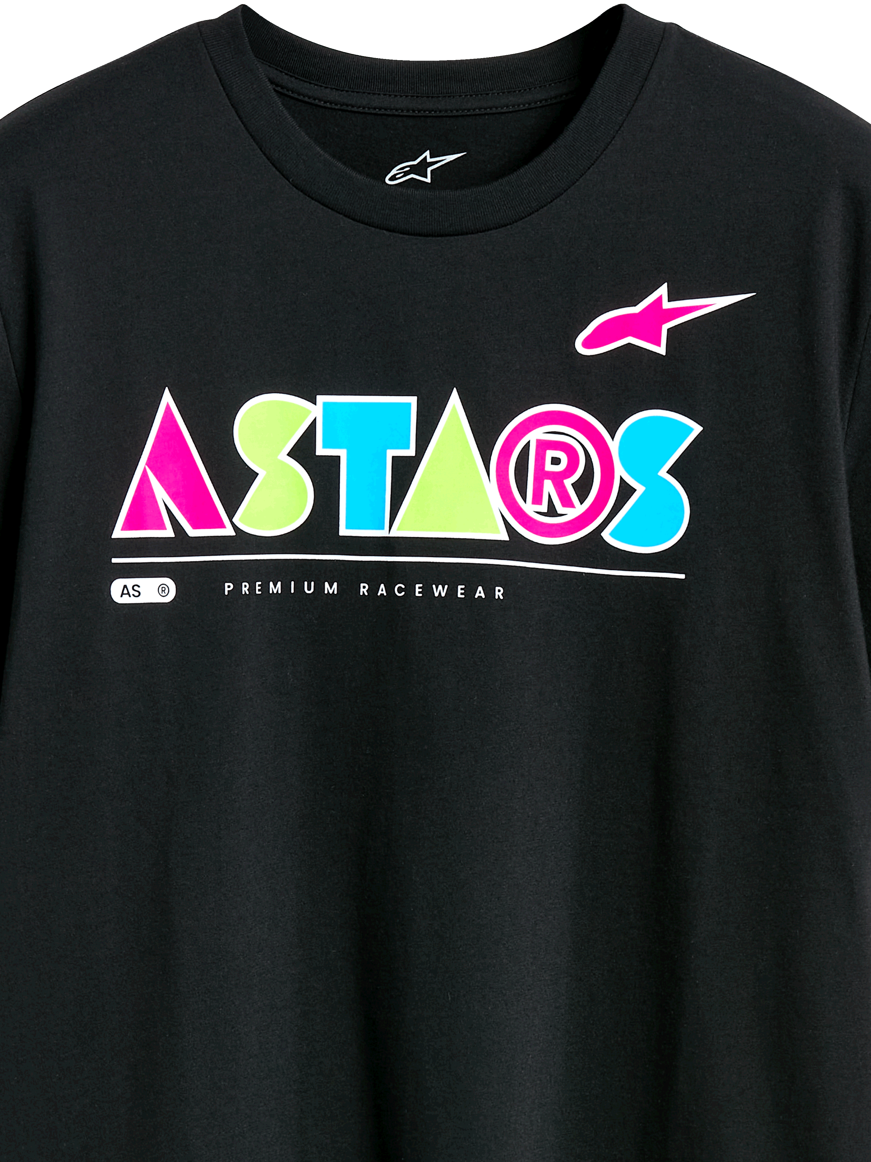 Alpinestars Cereal CSF Tee, Short Sleeve T-Shirt, Black, Colorful Geometric ASTARS Logo with pink, green, and blue accents, Premium Racewear text, Casual Motorsport Streetwear