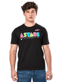 Alpinestars Cereal CSF Tee, Black Short Sleeve T-Shirt, worn by male model, colorful geometric ASTARS logo with Premium Racewear text, casual motorsport streetwear