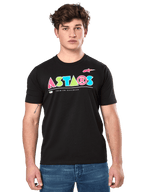 Alpinestars Cereal CSF Tee, Black Short Sleeve T-Shirt, worn by male model, colorful geometric ASTARS logo with Premium Racewear text, casual motorsport streetwear