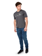 Alpinestars Cereal CSF Tee, Short Sleeve T-Shirt, Charcoal, White Geometric Astars Text Logo, Casual Motorsport Streetwear worn with blue jeans and black sneakers