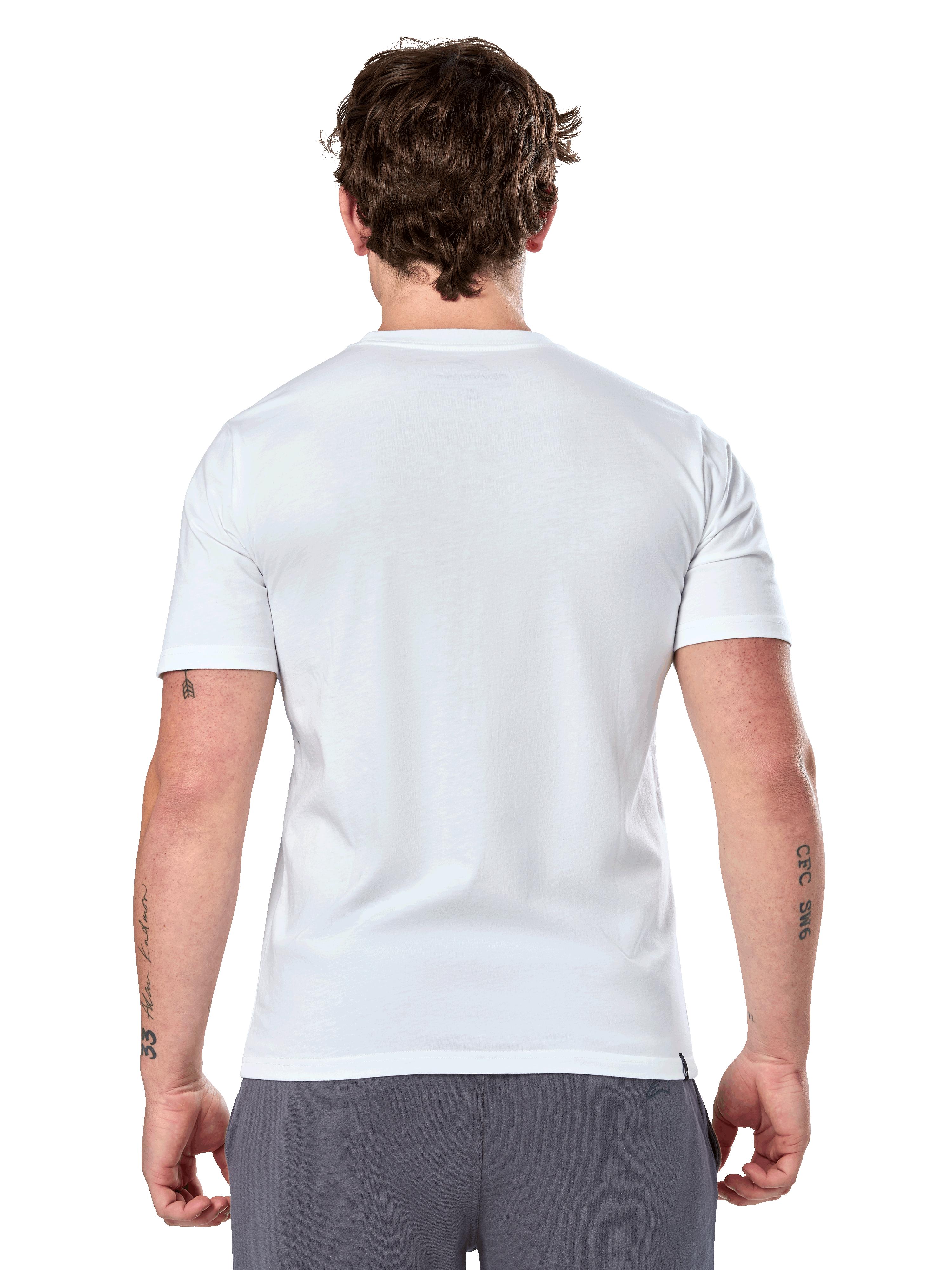 Alpinestars Geografica CSF Tee, Short Sleeve T-Shirt, White, Back View, worn by model with grey pants, casual motorsport streetwear