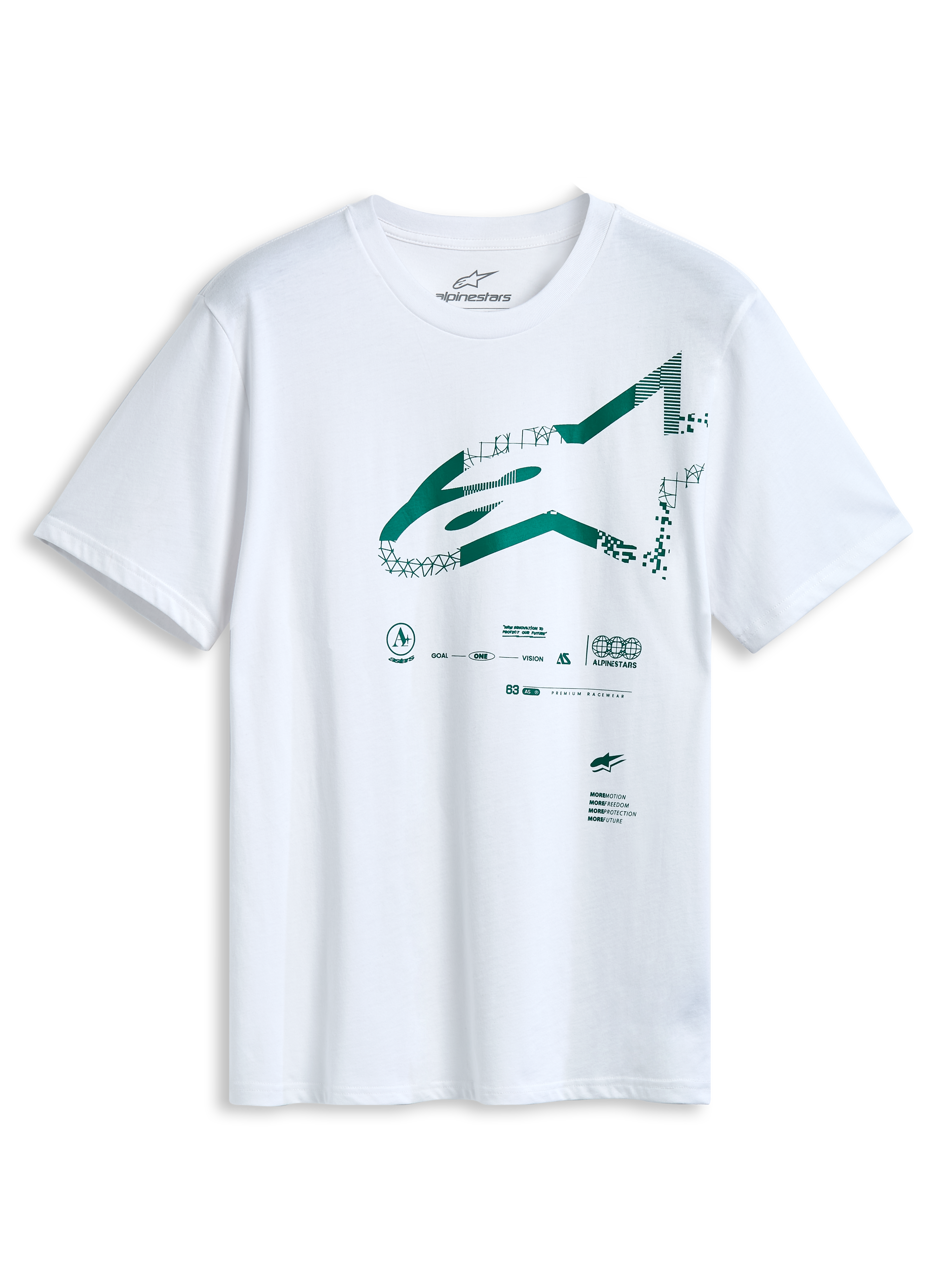 Alpinestars Geografica CSF Tee, Short Sleeve T-Shirt, White, Front Green Astars Logo with Multi-Tech Graphic, Casual Motorsport Sportswear