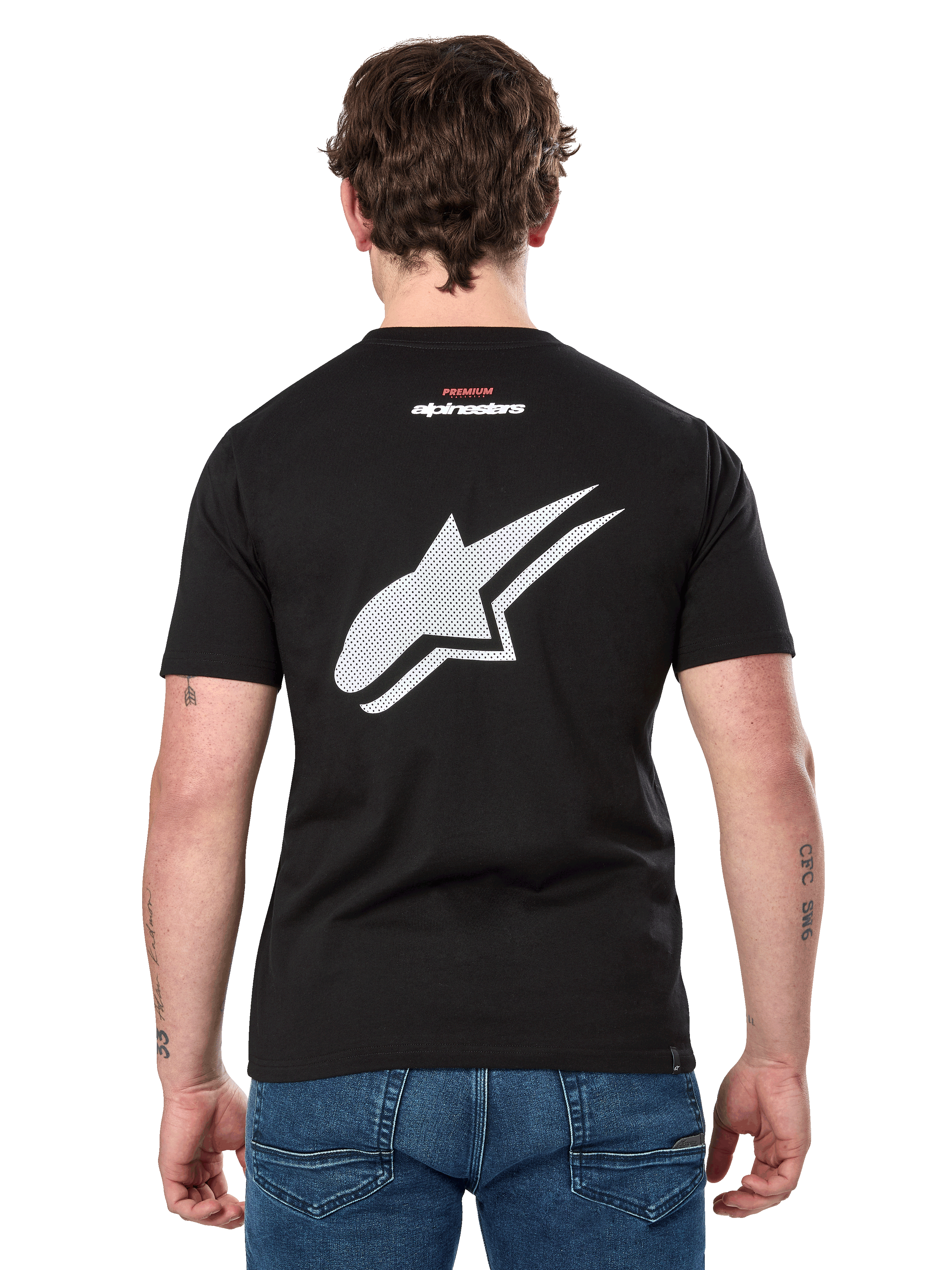 Alpinestars Formulate CSF Tee, Short Sleeve T-Shirt, Black, Back view showing large white perforated Astars logo and small Alpinestars branding, casual motorsport-inspired sportswear