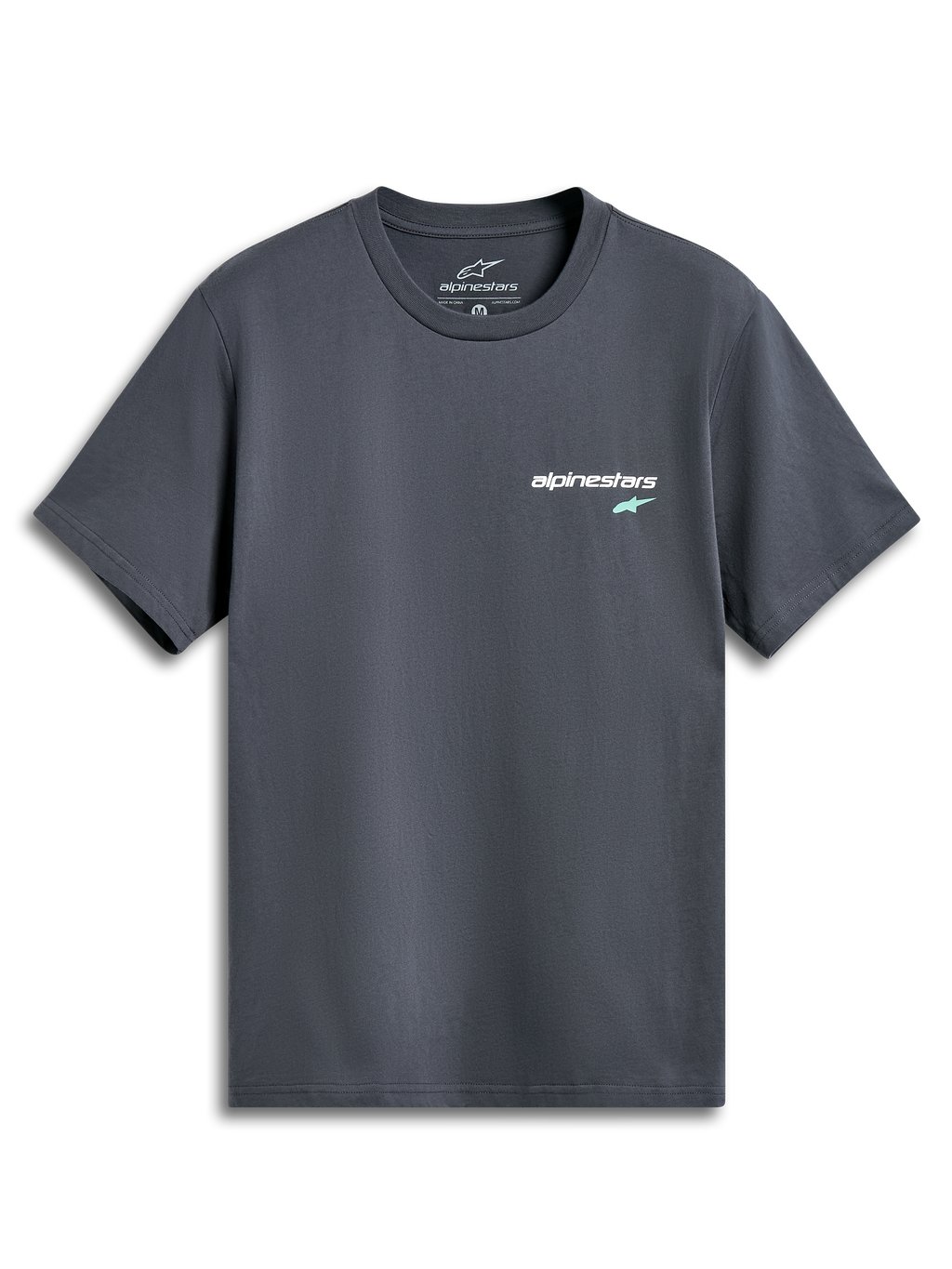 Alpinestars No Barrier CSF Tee, kortærmet t-shirt, koksgrå, lille hvidt tekstlogo med mintgrøn stjerne på brystet, casual motorsport-inspireret streetwear