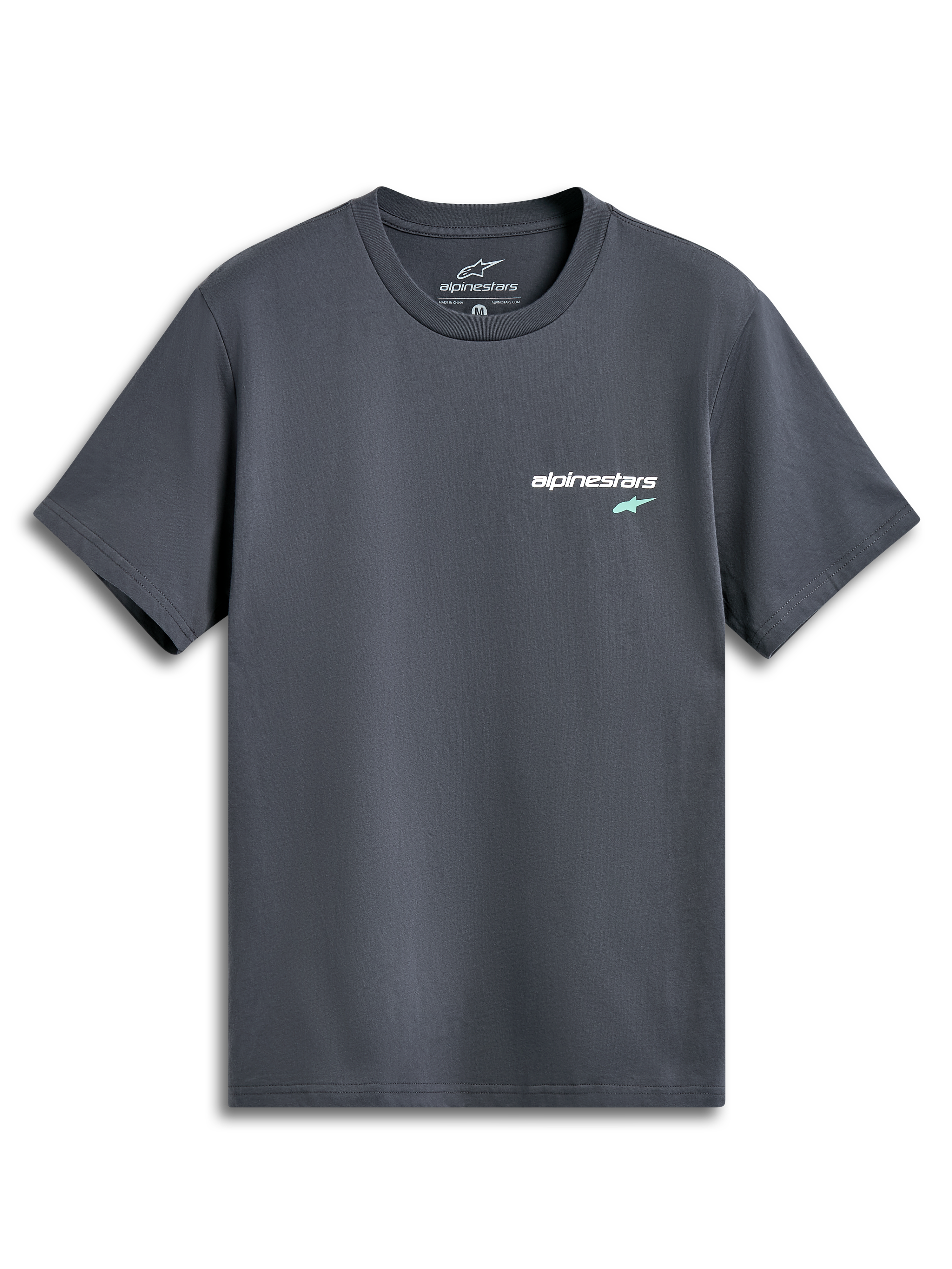Alpinestars No Barrier CSF Tee, kortærmet t-shirt, koksgrå, lille hvidt tekstlogo med mintgrøn stjerne på brystet, casual motorsport-inspireret streetwear