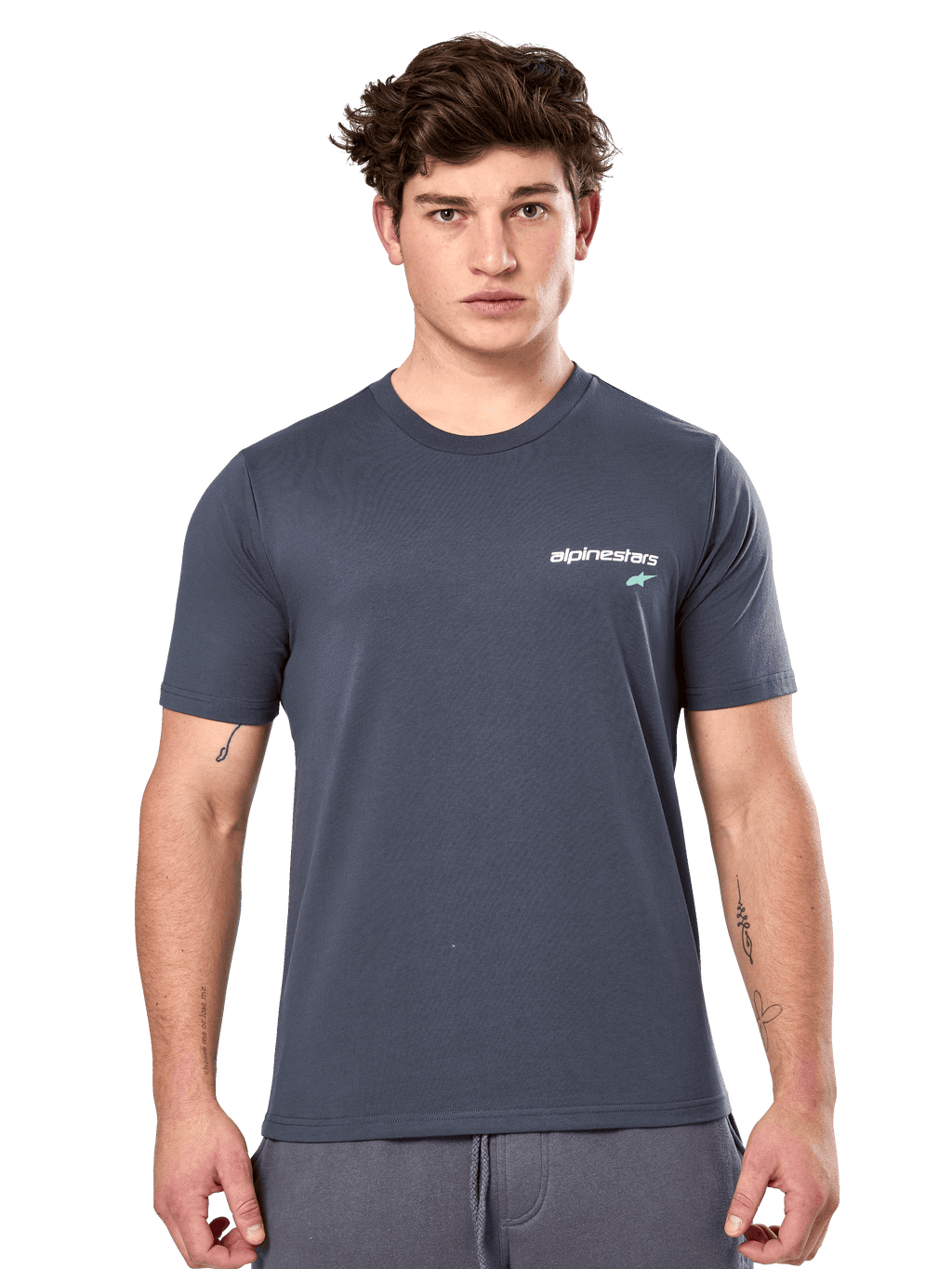 Alpinestars No Barrier CSF Tee, kortærmet T-shirt, koksgrå, hvidt Alpinestars-logo med en teal-farvet stjerne på brystet, casual motorsport streetwear