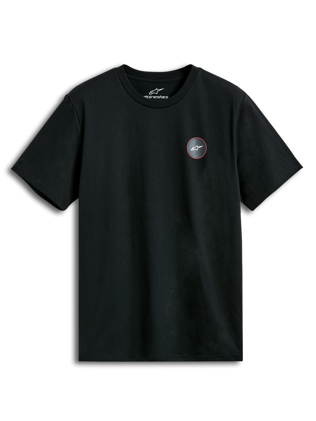 Alpinestars Dot Carbon CSF Tee, black short-sleeve sportswear t-shirt with a carbon fiber-look chest logo graphic