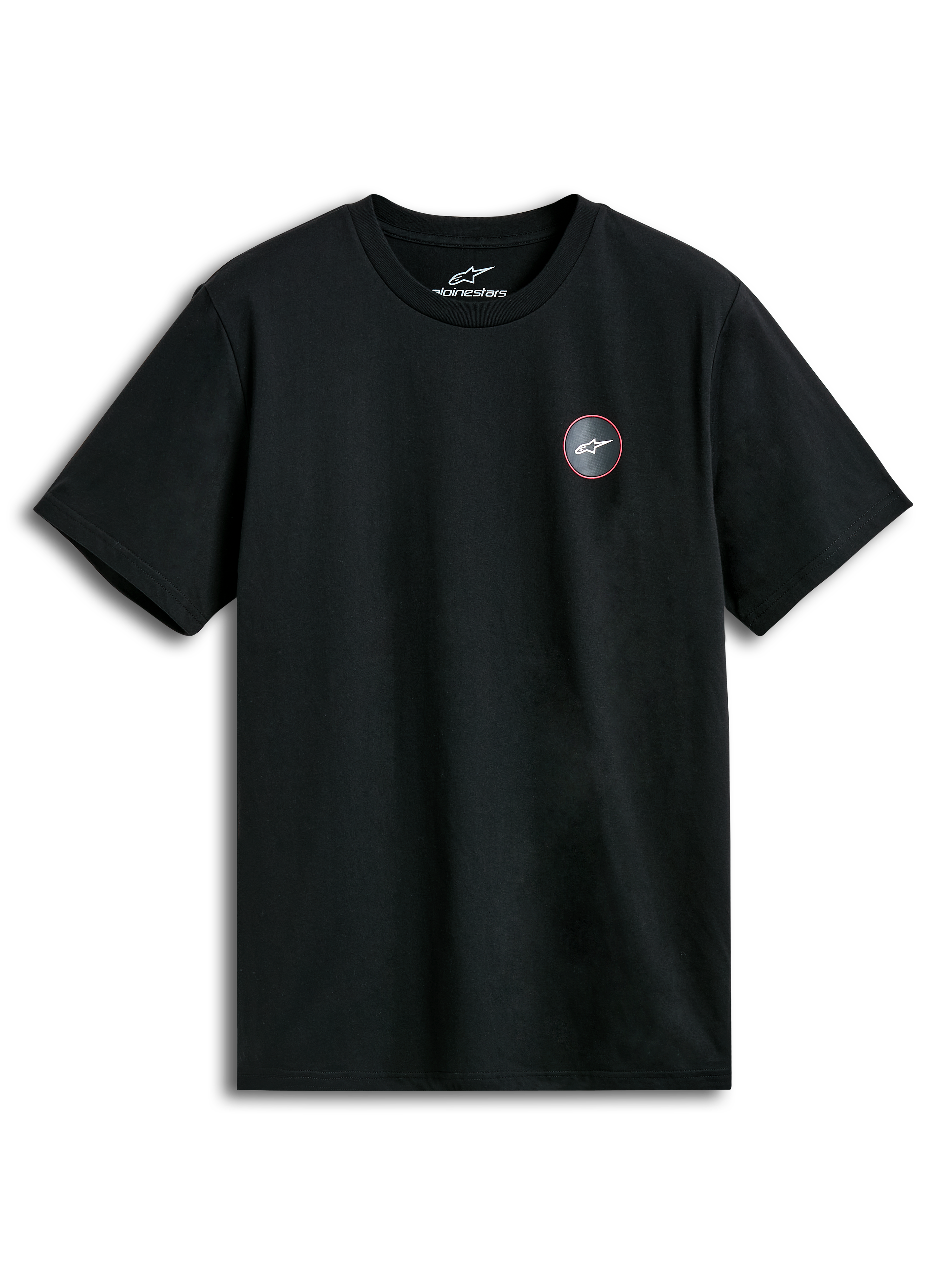 Alpinestars Dot Carbon CSF Tee, black short-sleeve sportswear t-shirt with a carbon fiber-look chest logo graphic
