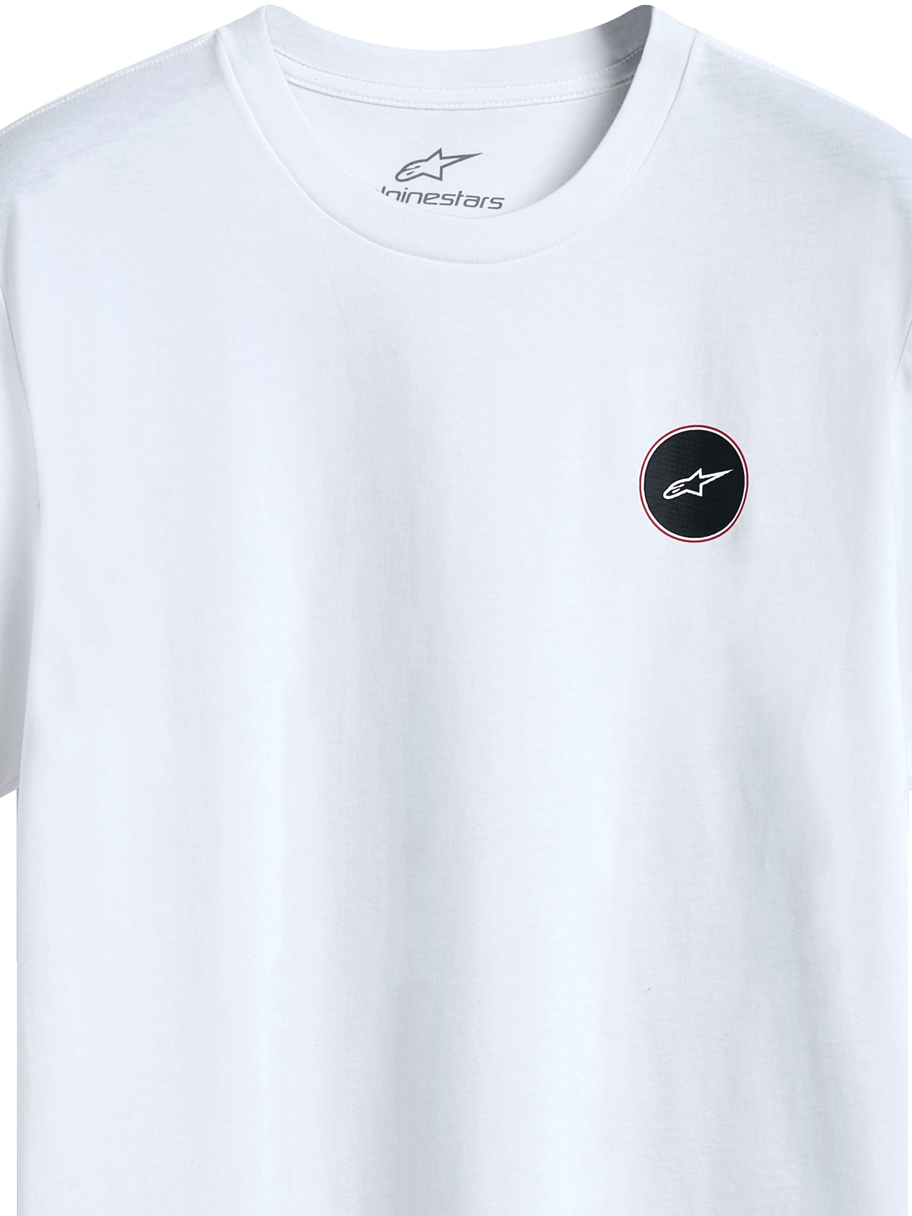 Alpinestars Dot Carbon Csf Tee, Short Sleeve T-Shirt, White, detail view of circular black logo with carbon fiber-look fill and white star, internal neck print, casual motorsport streetwear