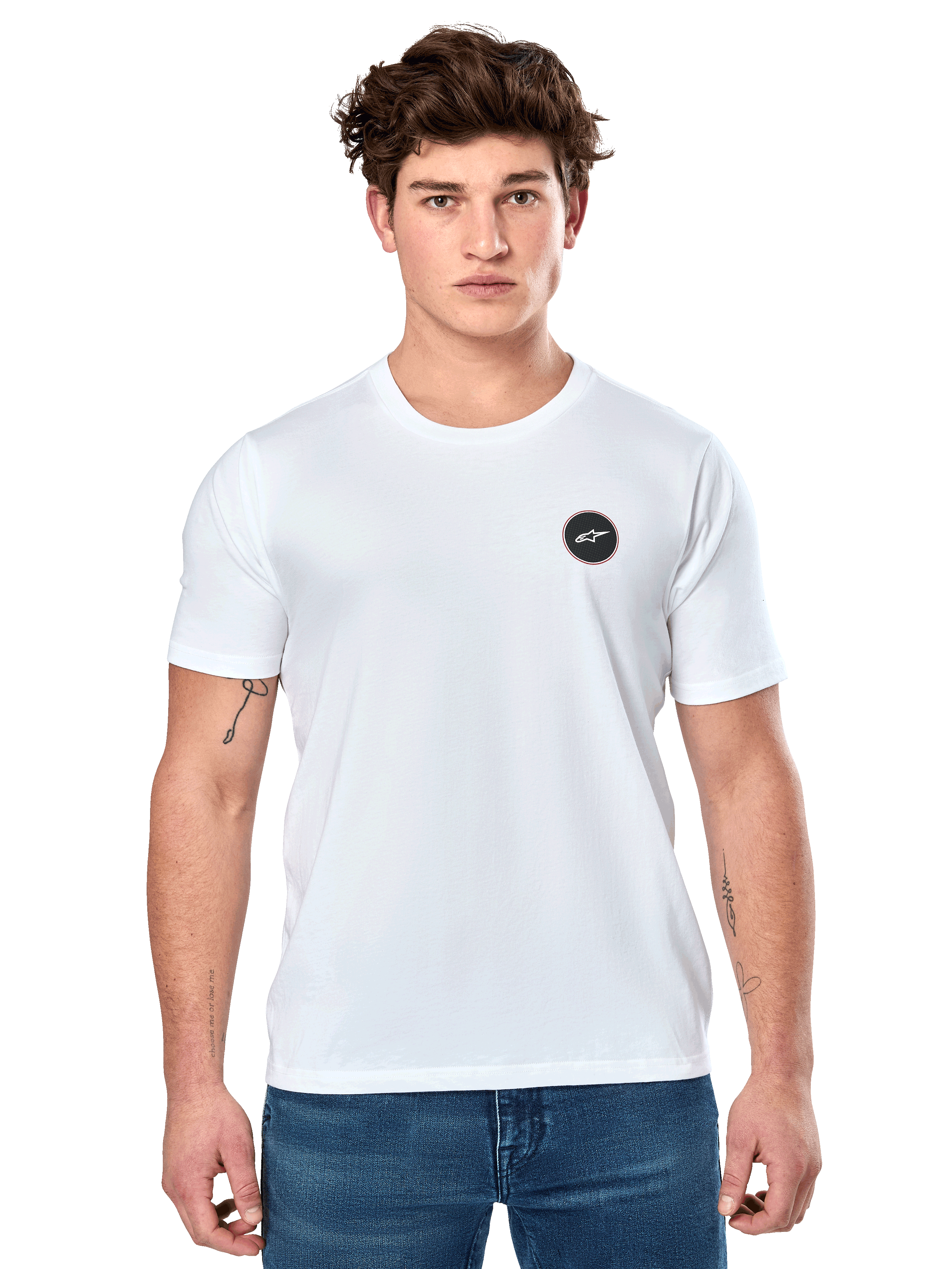 Alpinestars Dot Carbon CSF Tee, White Short Sleeve T-Shirt, Male model wearing white tee with small black circular logo on chest and blue jeans, Casual Motorsport Style