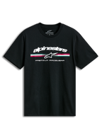 Alpinestars Prevail Csf T-Shirt, black short sleeve sportswear tee with a front paddock-style tri-color stripe logo and soft hand print