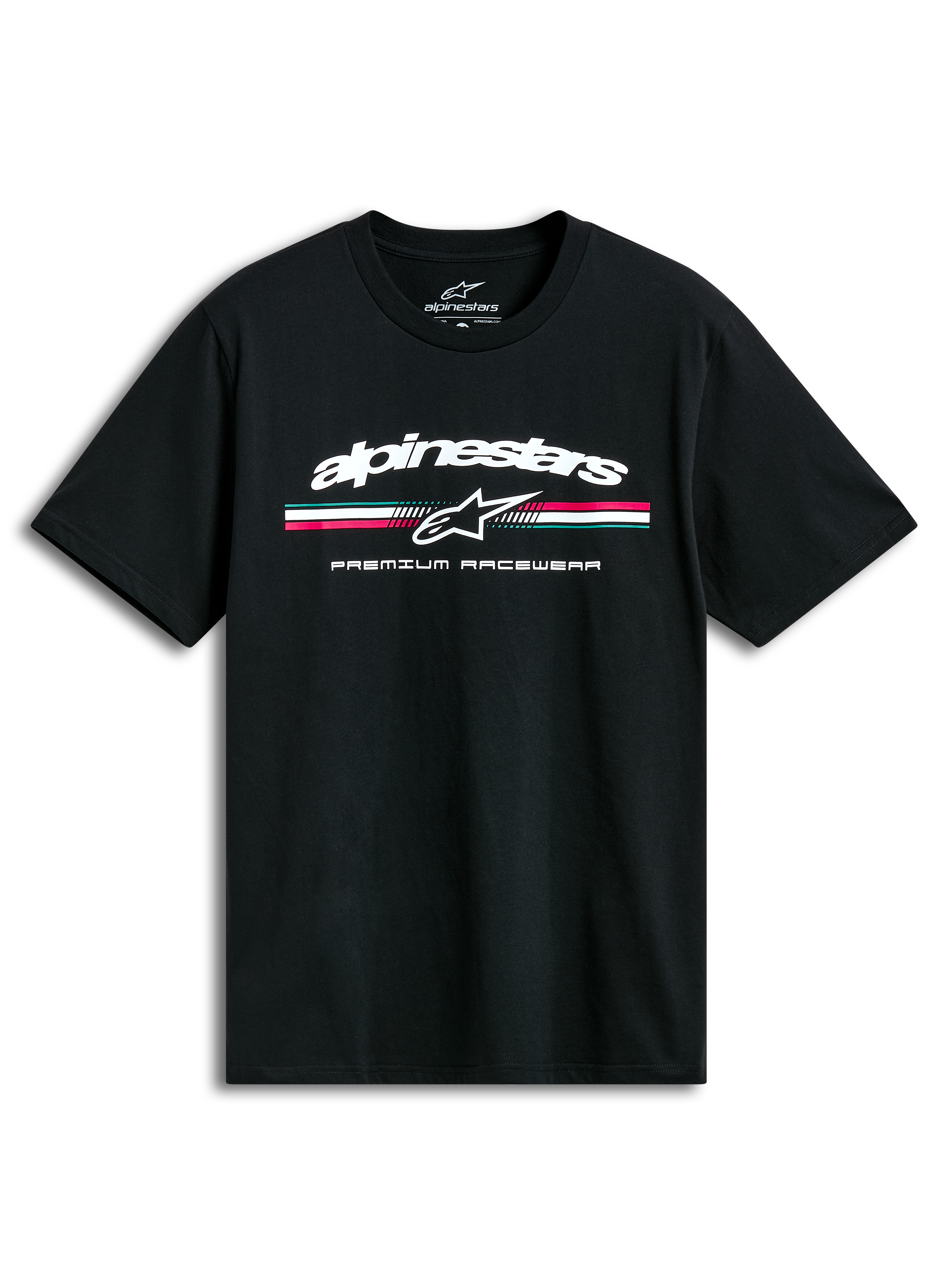 Alpinestars Prevail Csf T-Shirt, black short sleeve sportswear tee with a front paddock-style tri-color stripe logo and soft hand print