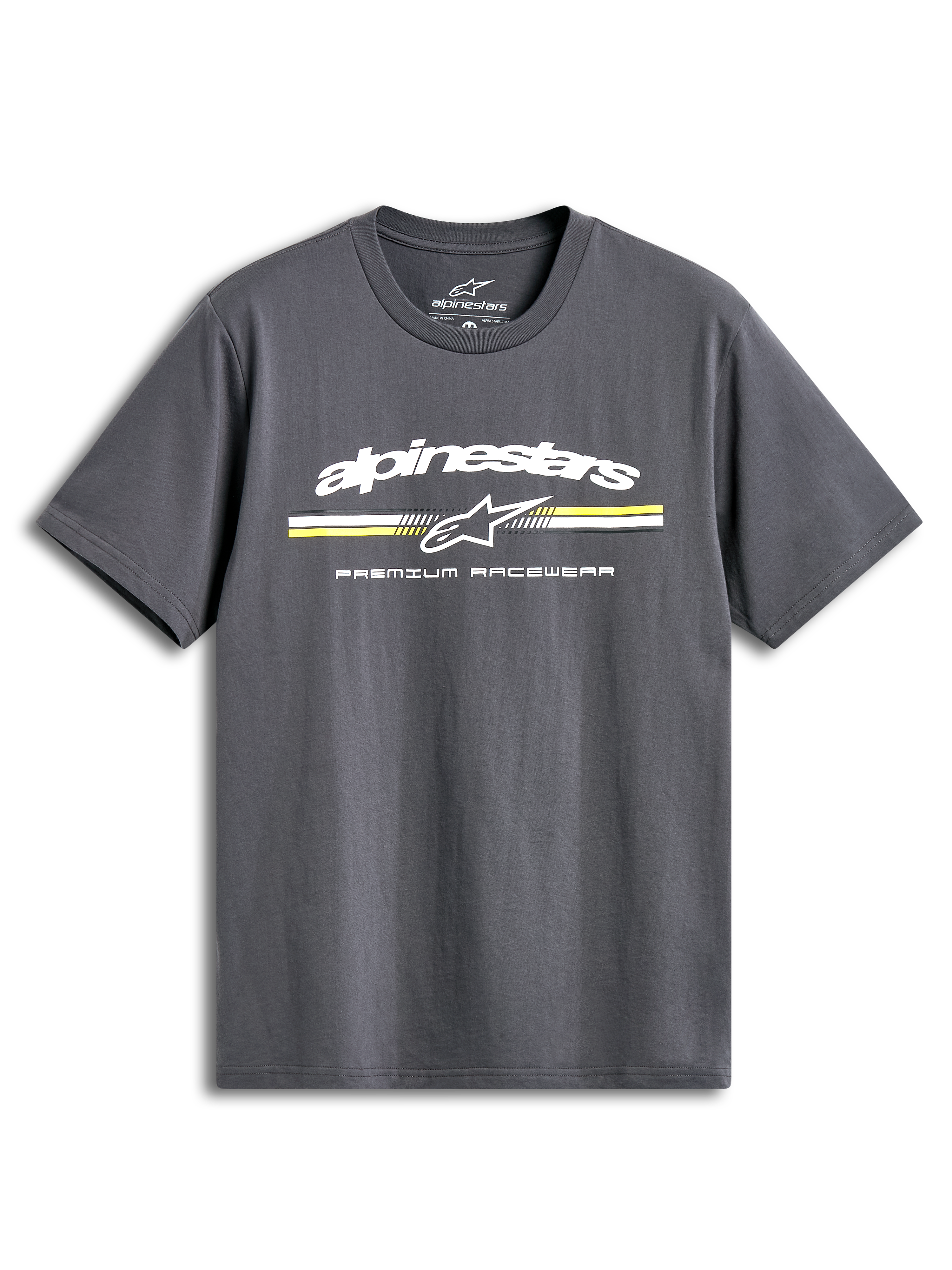 Alpinestars Prevail CSF T-shirt, koksgrå kortærmet t-shirt med paddock-inspireret trefarvet stribelogo på brystet, afslappet motorsport sportstøj