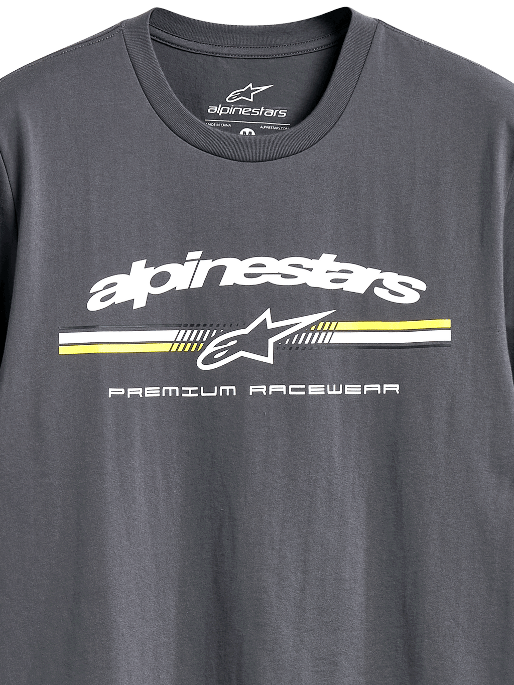 Alpinestars Prevail CSF Tee, Short Sleeve T-Shirt, Charcoal, White Alpinestars Logo with Yellow and White Paddock-Style Stripes, 'Premium Racewear' Text, Casual Motorsport Sportswear