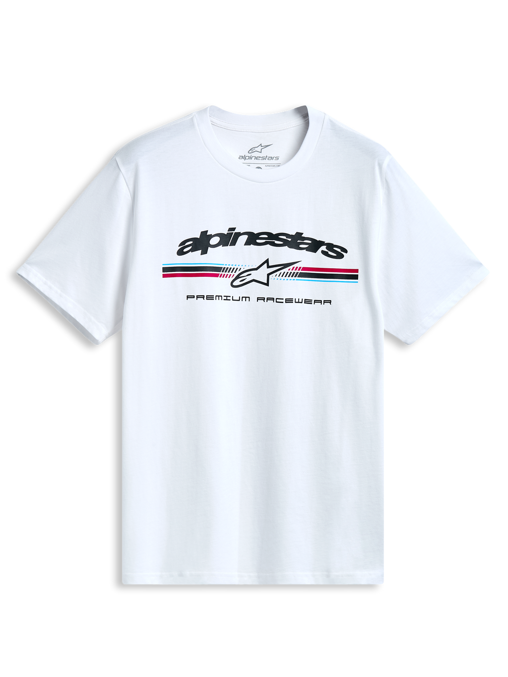 Alpinestars Prevail CSF T-shirt, hvid kortærmet T-shirt med et forside-paddock-stil trefarvet stribet logo, afslappet motorsport sportstøj