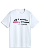 Alpinestars Prevail CSF T-shirt, hvid kortærmet T-shirt med et forside-paddock-stil trefarvet stribet logo, afslappet motorsport sportstøj