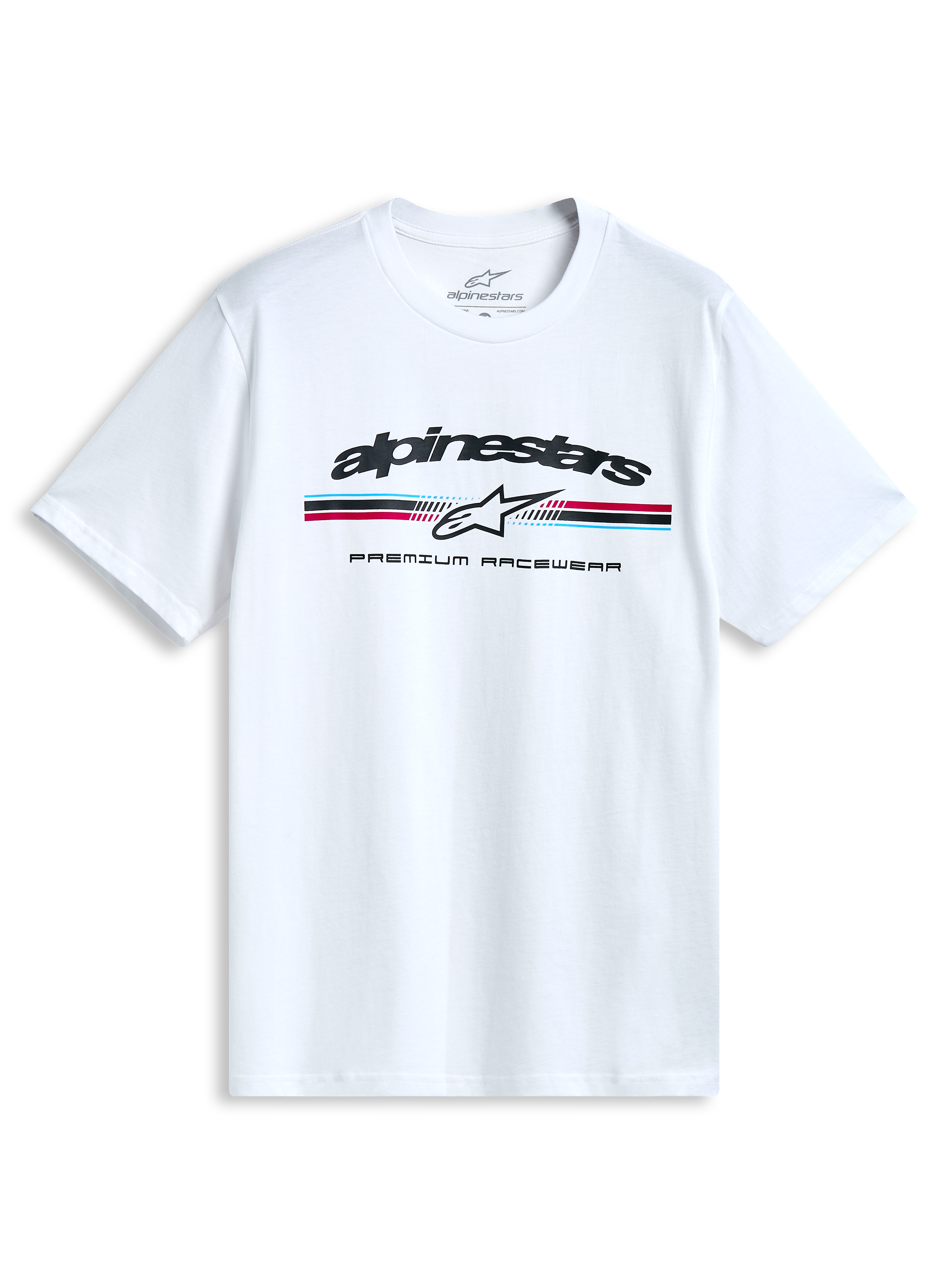 Alpinestars Prevail CSF T-shirt, hvid kortærmet T-shirt med et forside-paddock-stil trefarvet stribet logo, afslappet motorsport sportstøj