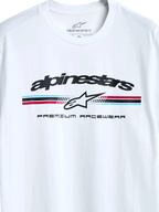 Alpinestars Prevail CSF Tee, Short Sleeve T-Shirt, White, Paddock-style tri-color stripe logo with Alpinestars star icon and Premium Racewear text, casual motorsport-inspired design
