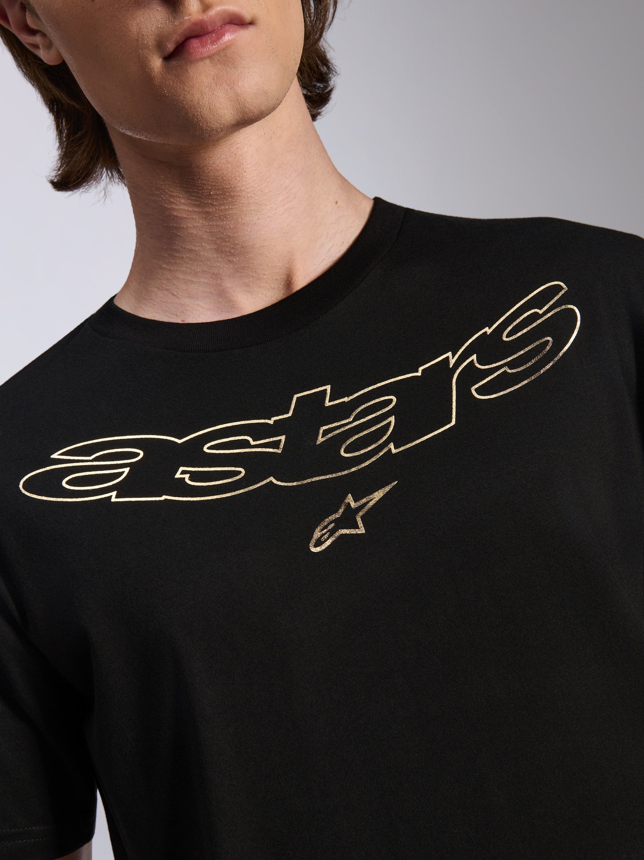 Alpinestars Luxo CSF Tee, Short Sleeve T-Shirt, Black with Gold Outlined Astars Logo and Star Graphic, Casual Motorsport Streetwear