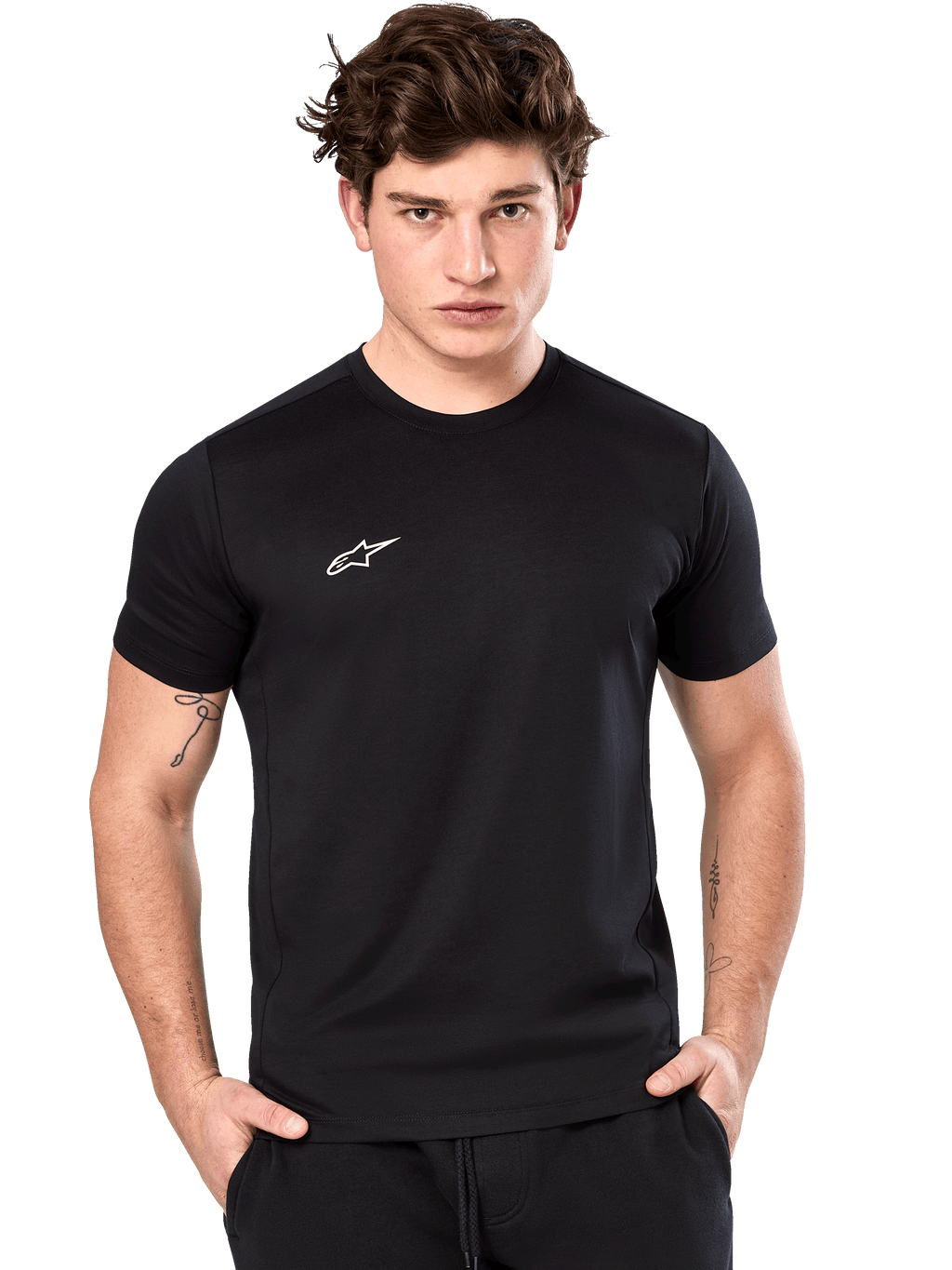 Alpinestars Point Performance Tee, Short Sleeve T-Shirt, Black, Small White Alpinestars Logo on Chest, worn by a male model, sustainable performance sportswear
