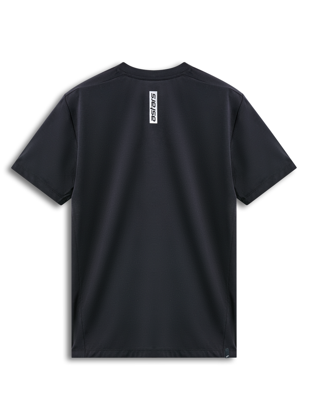 Alpinestars Point Performance Tee, Short Sleeve T-Shirt, Black, Back View showing vertical white Astars logo print at the neck, moisture-wicking performance sportswear