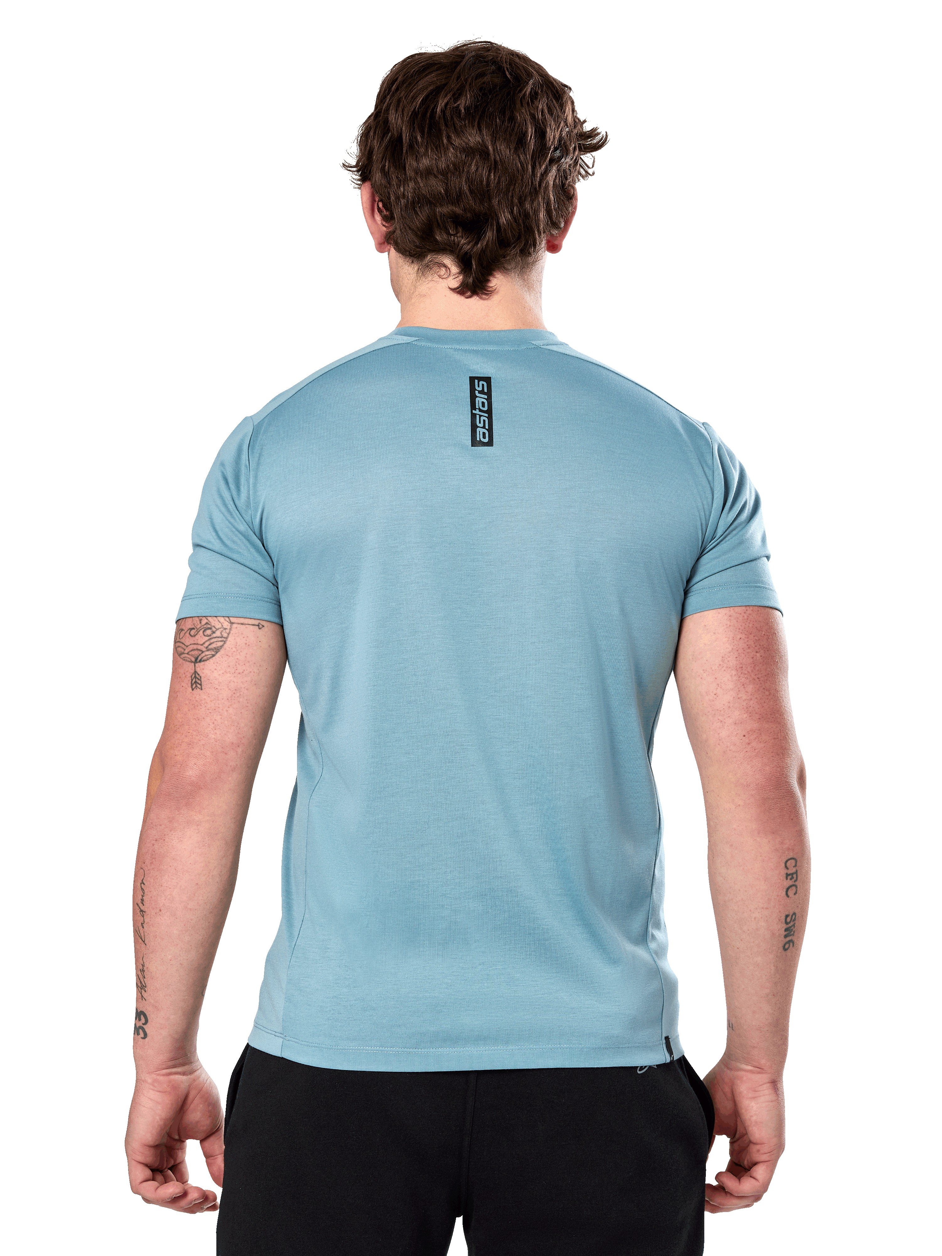 Alpinestars Point Performance Tee - Short Sleeve, Ice Blue, back view featuring small vertical black 'astars' word logo on upper back, moisture-wicking performance fabric, casual sportswear