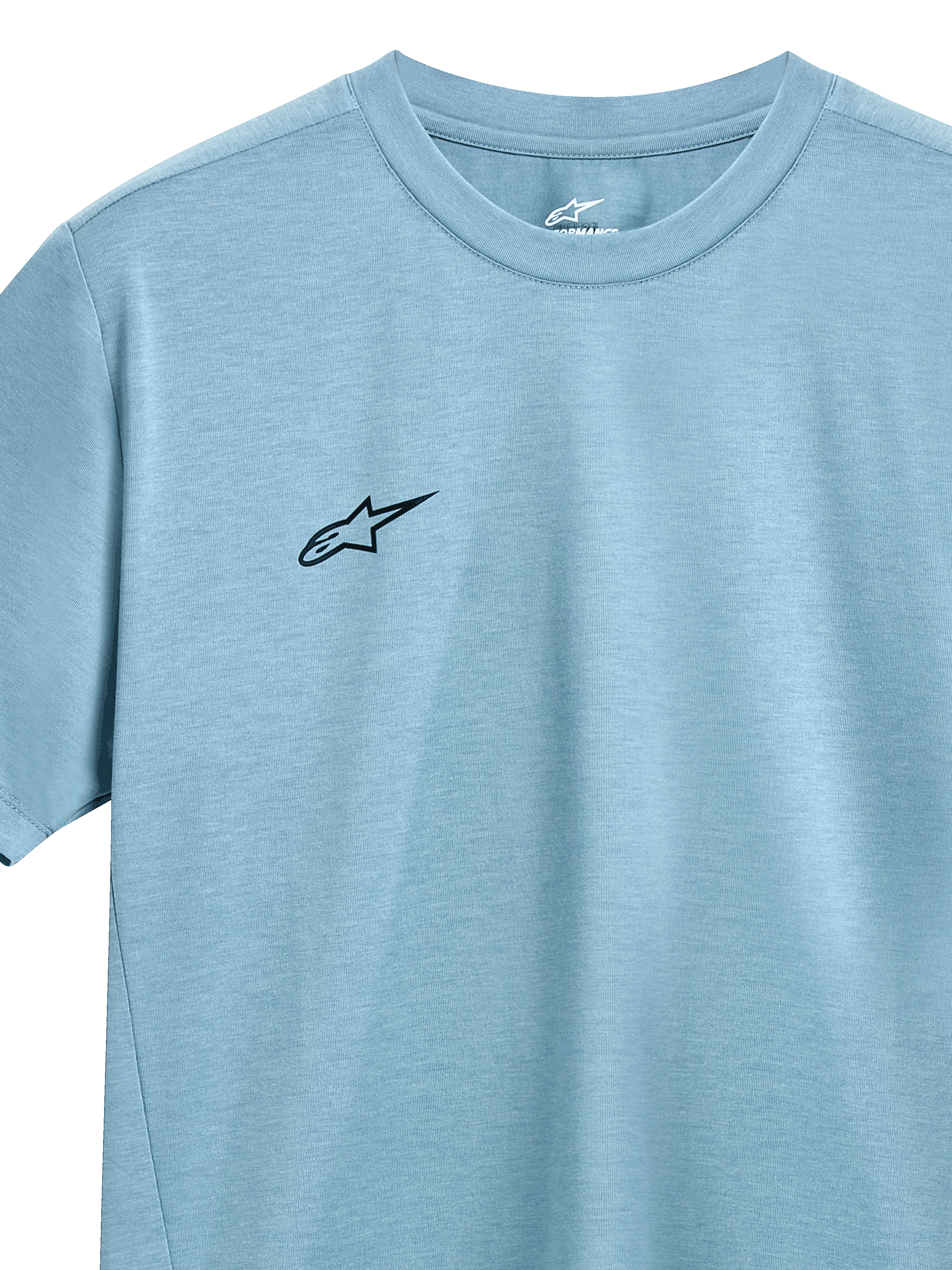 Alpinestars Point Performance Tee, Short Sleeve T-Shirt, Ice Blue, small black Alpinestars logo on chest, crew neck, moisture-wicking performance fabric