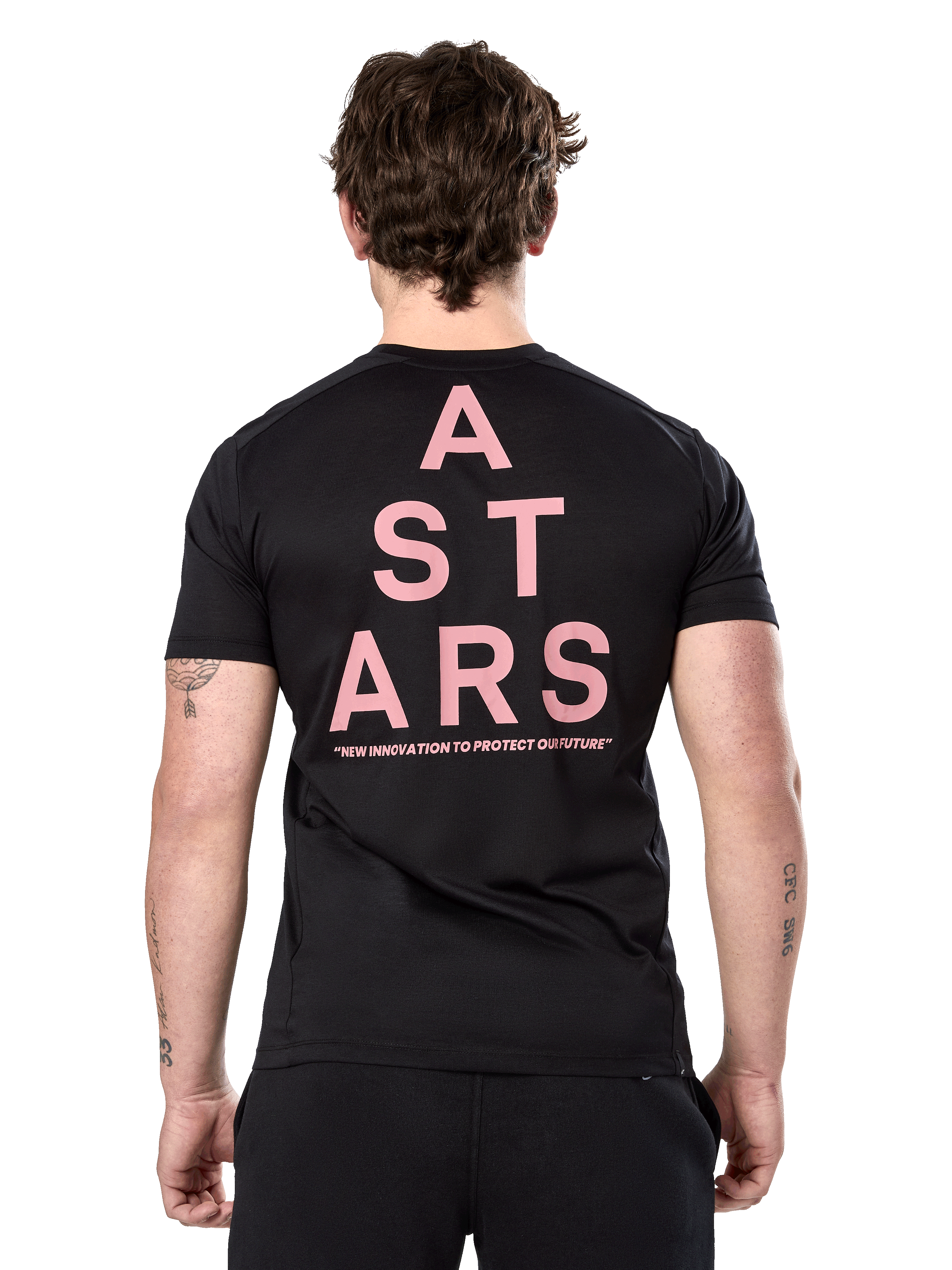 Alpinestars Attrition Performance Tee, Short Sleeve T-Shirt, Black, rear view featuring large pink vertical ASTARS typography and slogan, performance sportswear