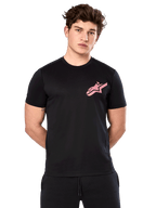 Alpinestars Attrition Performance Tee, Short Sleeve T-Shirt, Black with Pink Astars Logo on chest, worn by male model, Casual Motorsport Performance Wear