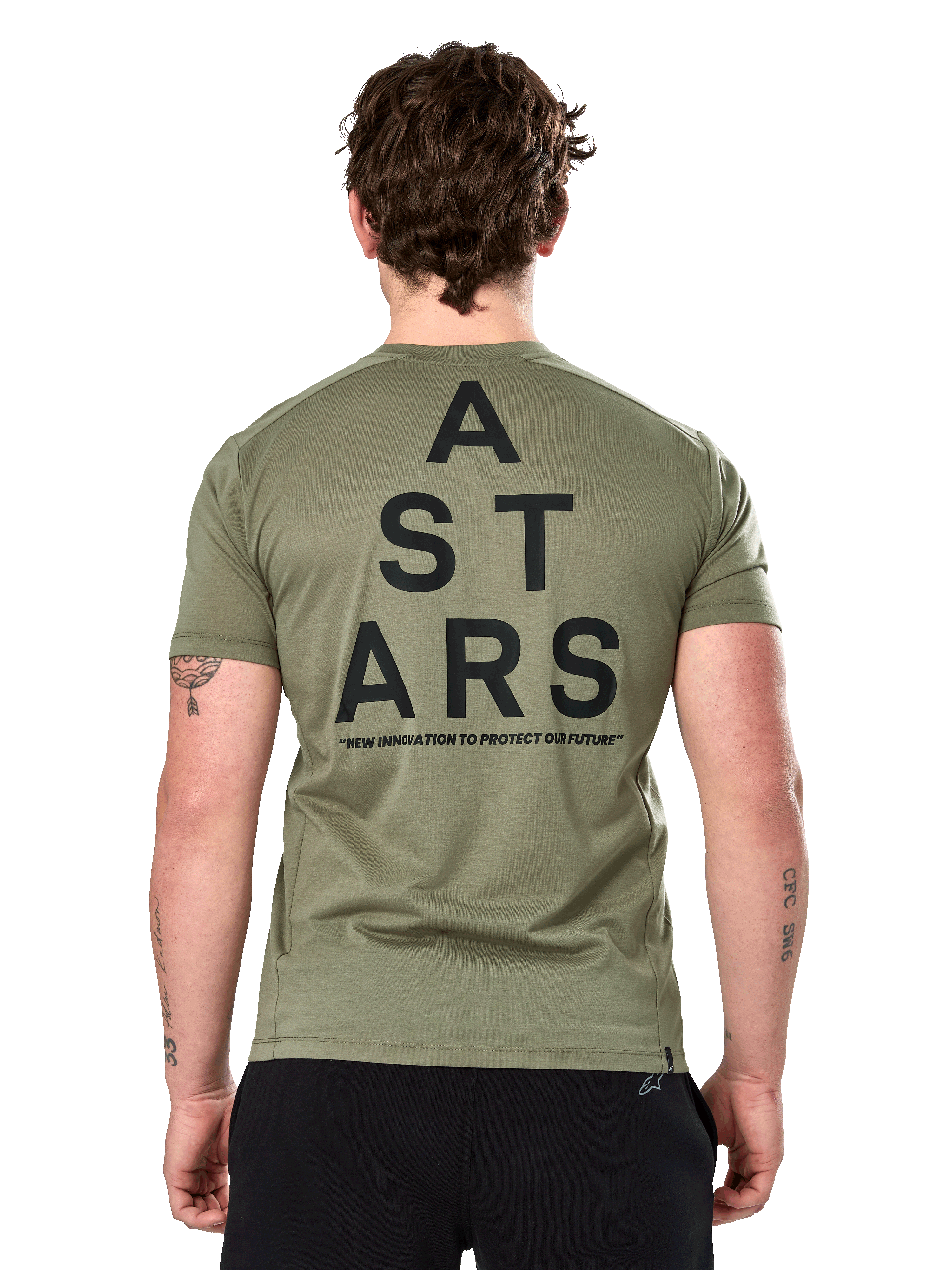 Alpinestars Attrition Performance Tee, kortærmet t-shirt, lysegrøn, set bagfra med stor sort 'A STARS' grafik og teksten 'NEW INNOVATION TO PROTECT OUR FUTURE', bæredygtigt performance-sportstøj