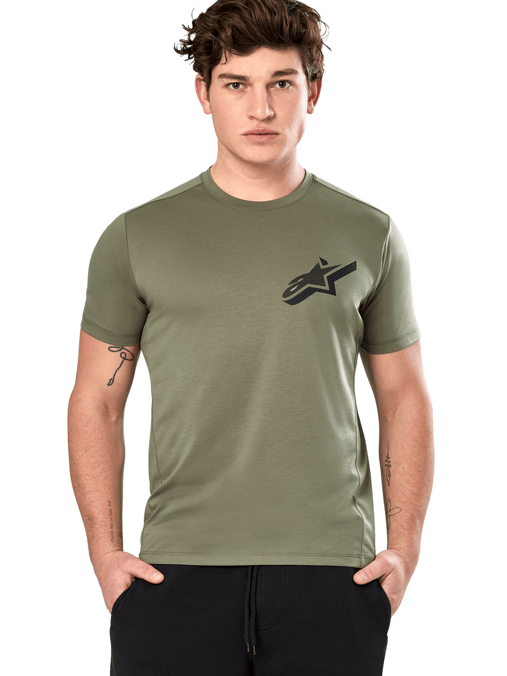 Alpinestars Attrition Performance Tee, kortærmet t-shirt, lysegrøn, sort Astars-logo på brystet, fugttransporterende performance-materiale, model iført sorte bukser, afslappet sportstøj