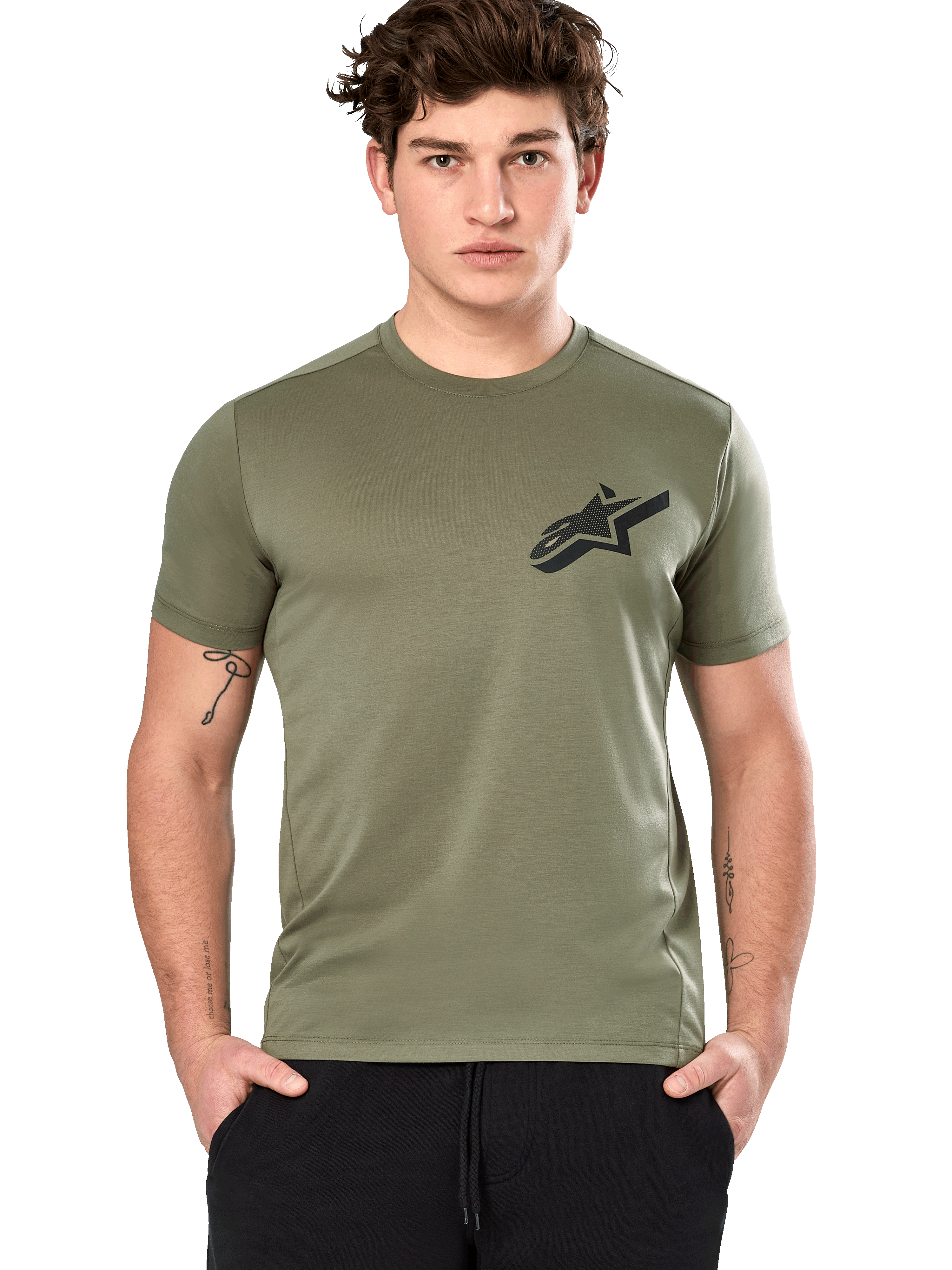 Alpinestars Attrition Performance Tee, Short Sleeve T-Shirt, Light Green, black Astars logo on chest, performance wicking fabric, model wearing with black pants, casual sportswear