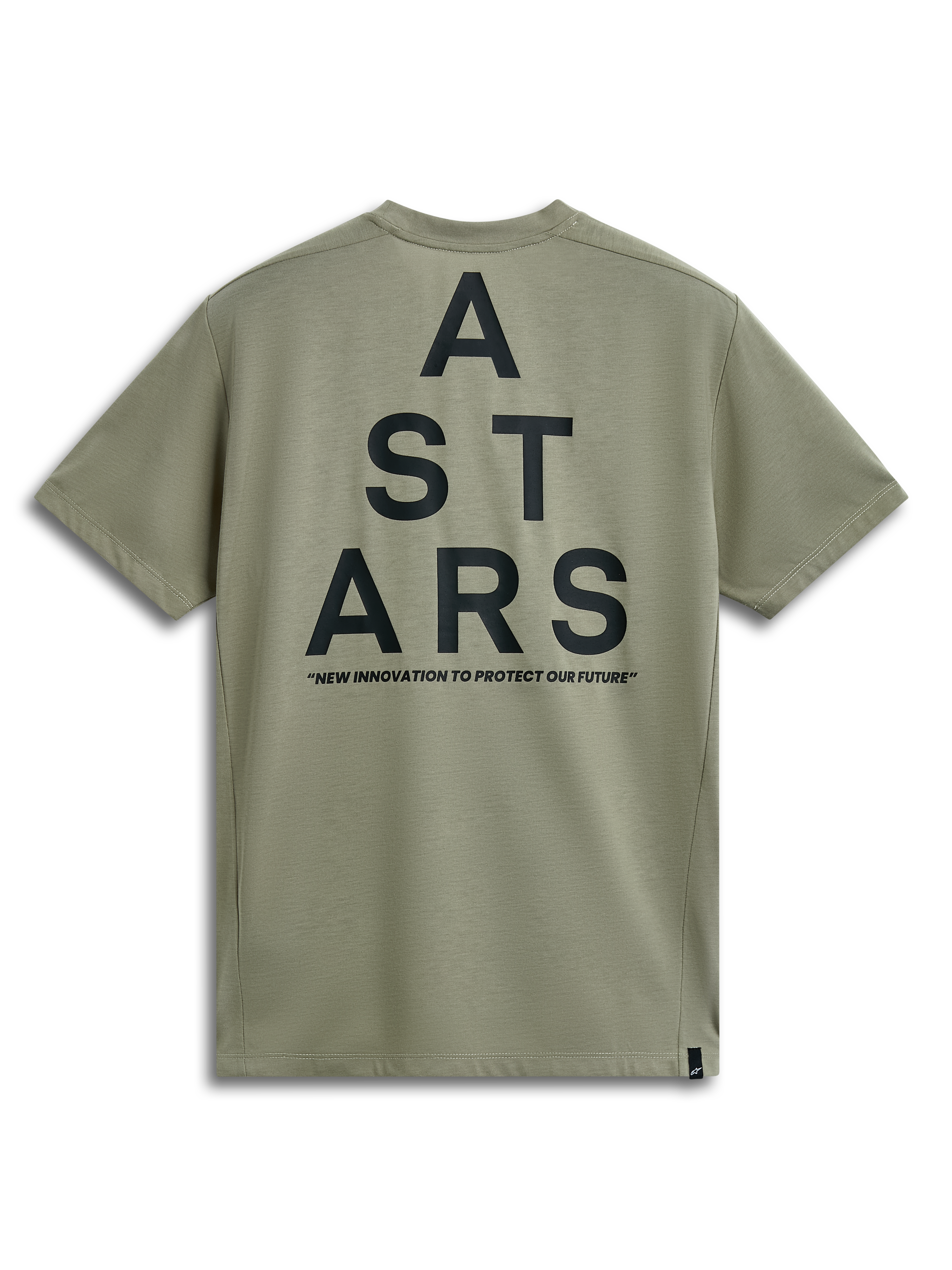 Alpinestars Attrition Performance Tee, kortærmet T-shirt, lys grøn, set bagfra med stor sort stablet ASTARS-grafik og 'NEW INNOVATION TO PROTECT OUR FUTURE' tagline, afslappet performance-sportstøj