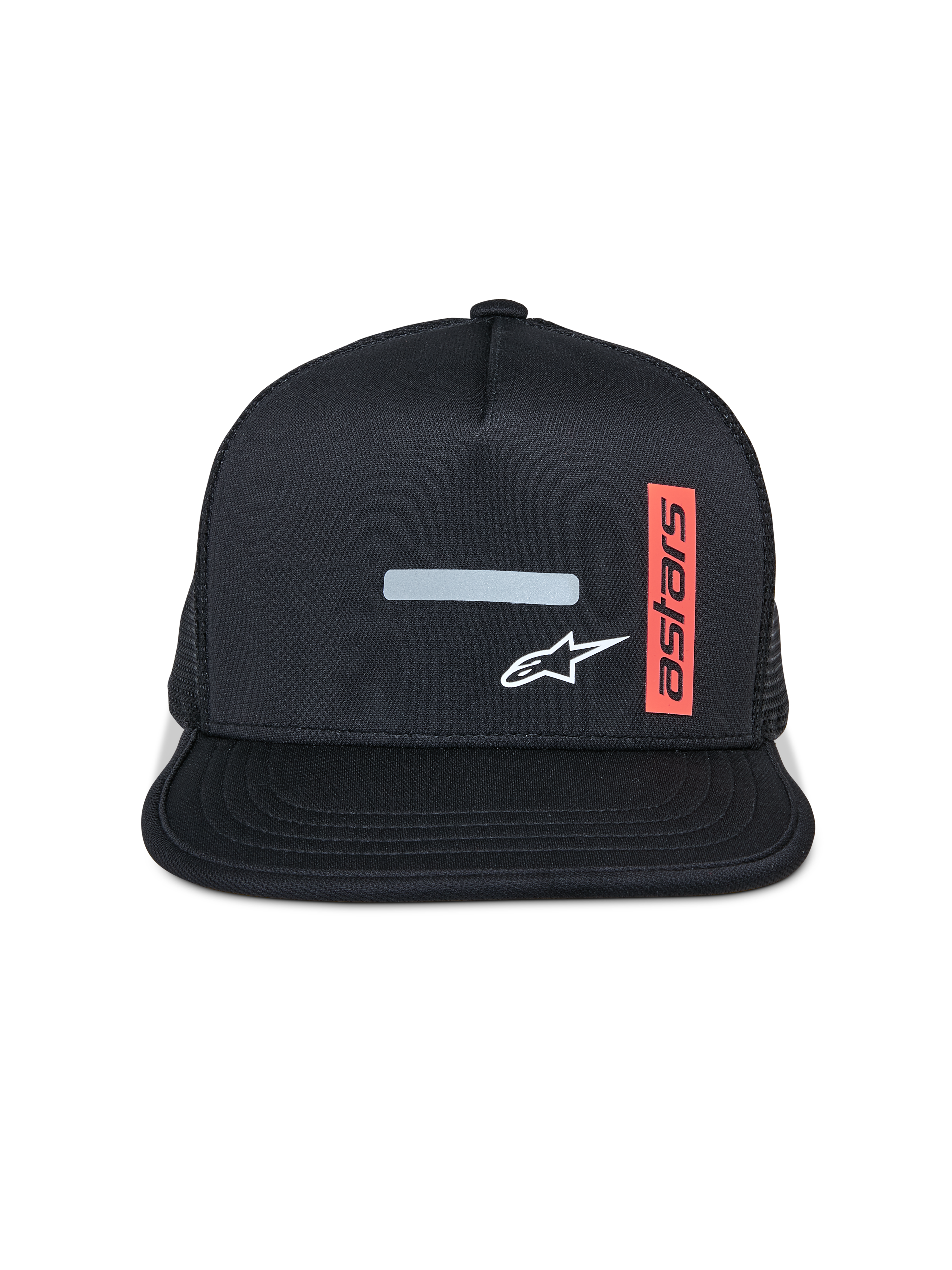 Alpinestars Alter Trucker Hat, Flat Bill Cap, Black with Mesh Back, Front Reflective Bar and White Star Logo, Vertical Red Label with Astars Text, Casual Motorsport Sportswear