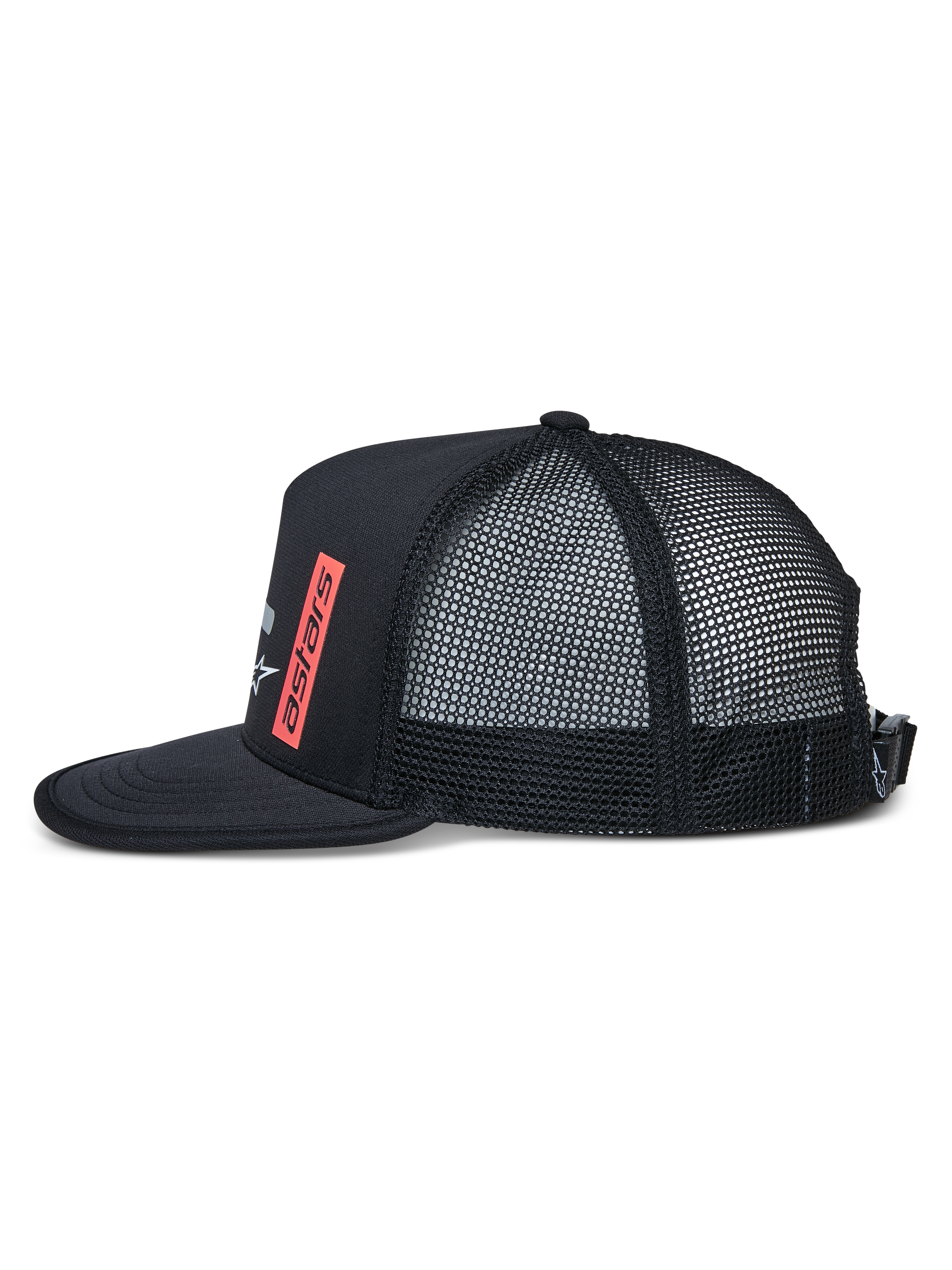 Alpinestars Alter Trucker Hat, side view, Black, flat bill with binding edge, structured crown with mesh back, red vertical astars logo print, adjustable buckle closure, casual sportswear hat