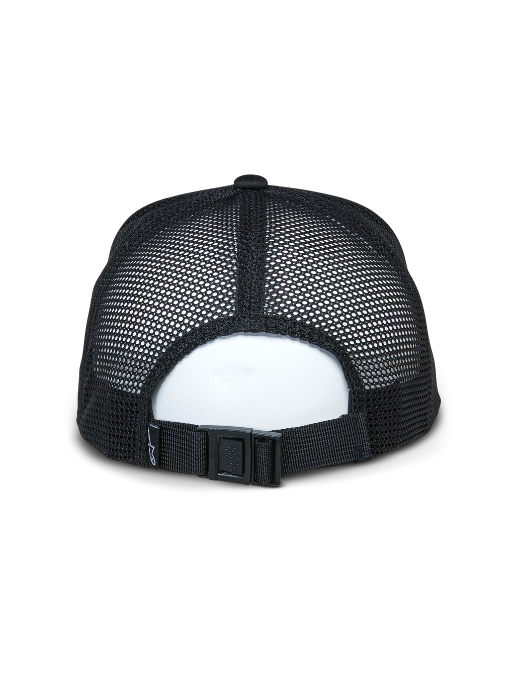 Alpinestars Alter Trucker Hat, Black, back view showing breathable recycled mesh panels and adjustable buckle closure, casual sportswear accessory
