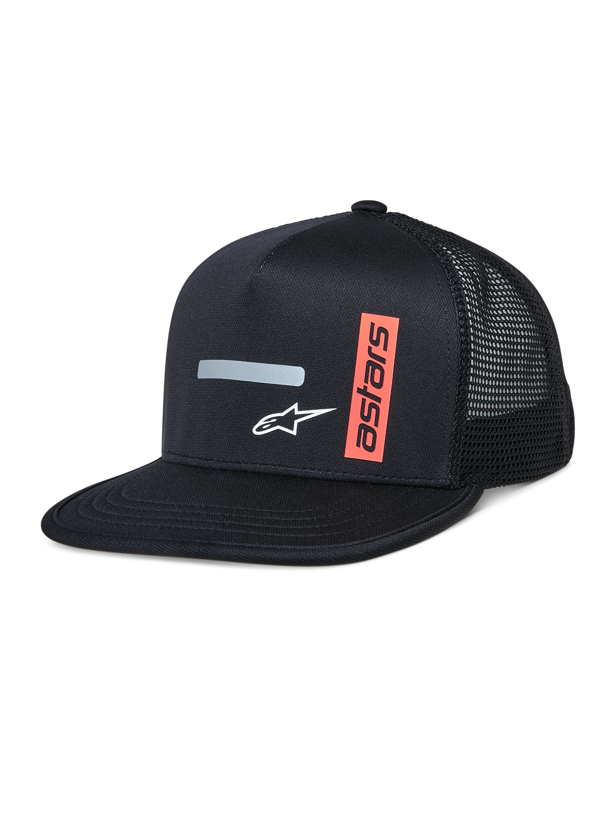 Alpinestars Alter Trucker Hat, sort truckerkasket med struktureret krone og flad skygge, åndbar meshbagside, med en horisontal grå reflekterende stribe, hvidt A-star logo og vertikal orange astars-grafik, afslappet motorsport-inspireret streetwear