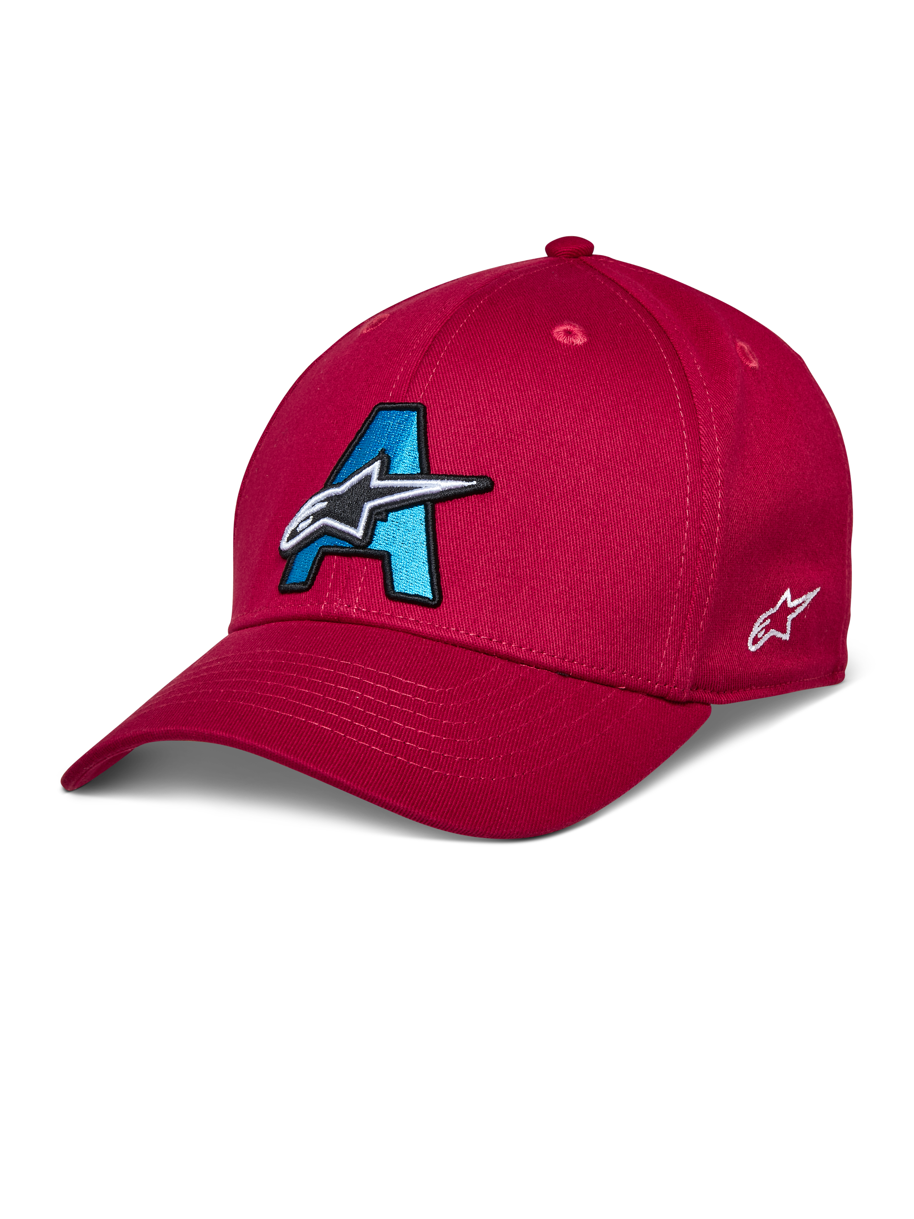 Alpinestars Elemental Hat, rød baseballkasket, cyanblåt og sort 3D-broderet A-logo, hvidt stjernedesign, buet skygge, struktureret krone, casual motorsport-hovedbeklædning