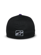 Alpinestars Franchise Hat, back view of a black baseball cap, purple button on top, small white embroidered Astars logo on the back, flex-back design, casual motorsport-inspired streetwear
