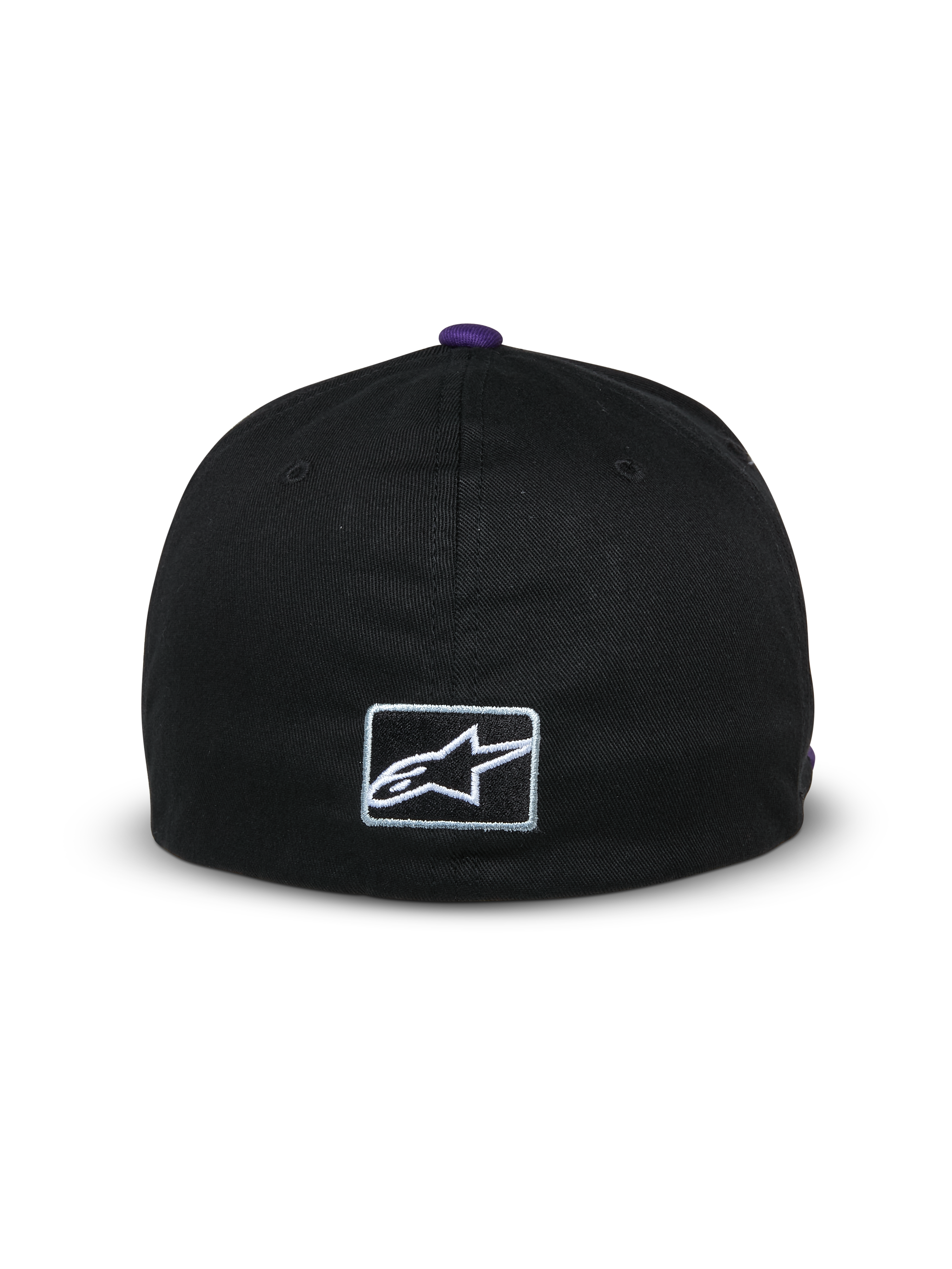Alpinestars Franchise Hat, back view of a black baseball cap, purple button on top, small white embroidered Astars logo on the back, flex-back design, casual motorsport-inspired streetwear