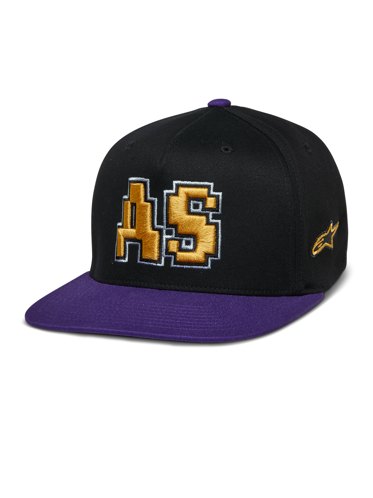 Alpinestars Franchise Hat, kasket med flad skygge, sort og lilla, guldbroderet 3D AS-logo med hvid kant, lilla skygge og topknap, struktureret Flex Fit-design