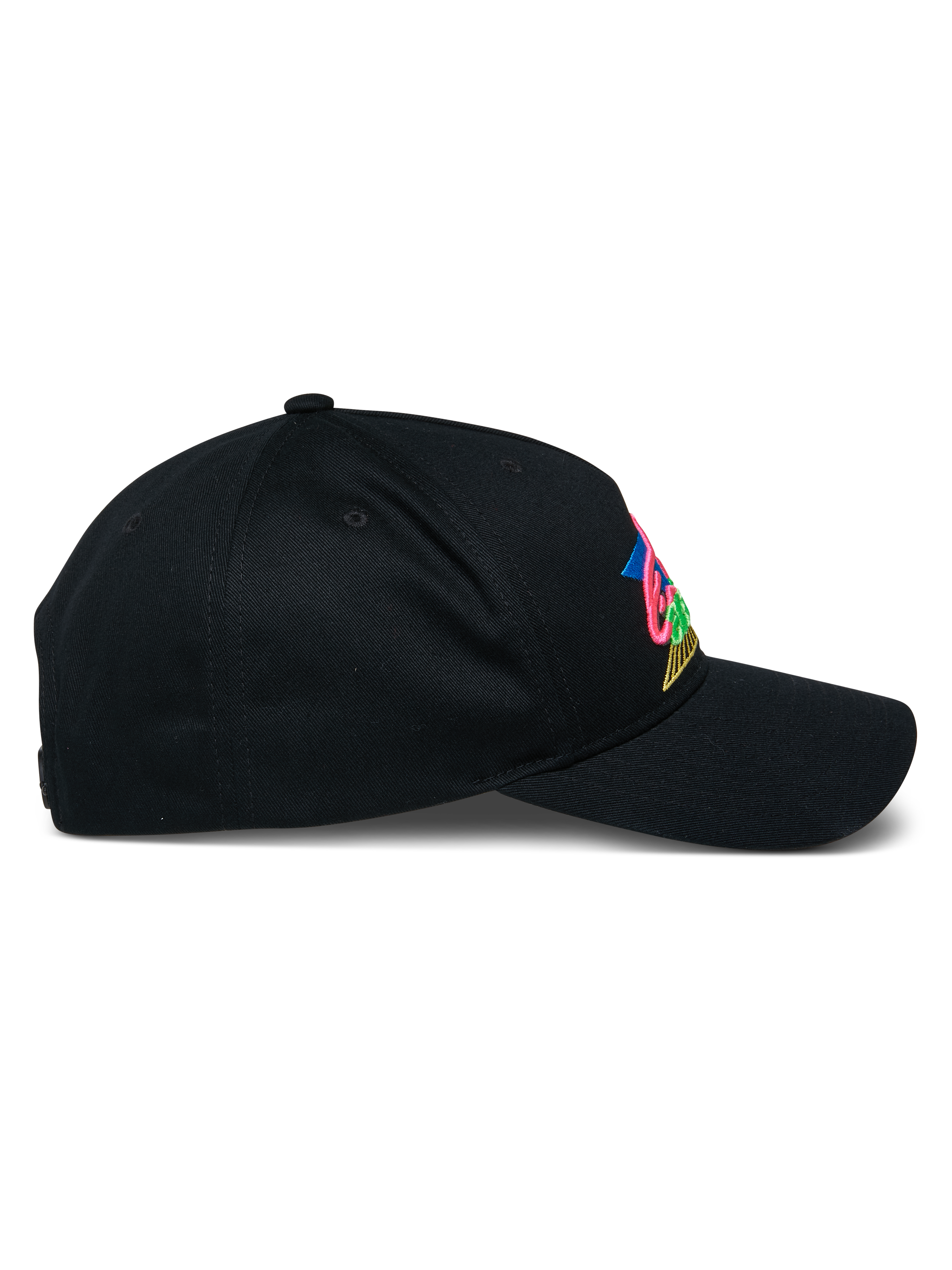 Alpinestars Vivid Hat, Black Baseball Cap, side view featuring curved bill and semi-structured crown, colorful 3D embroidered logo on front, casual cotton twill streetwear