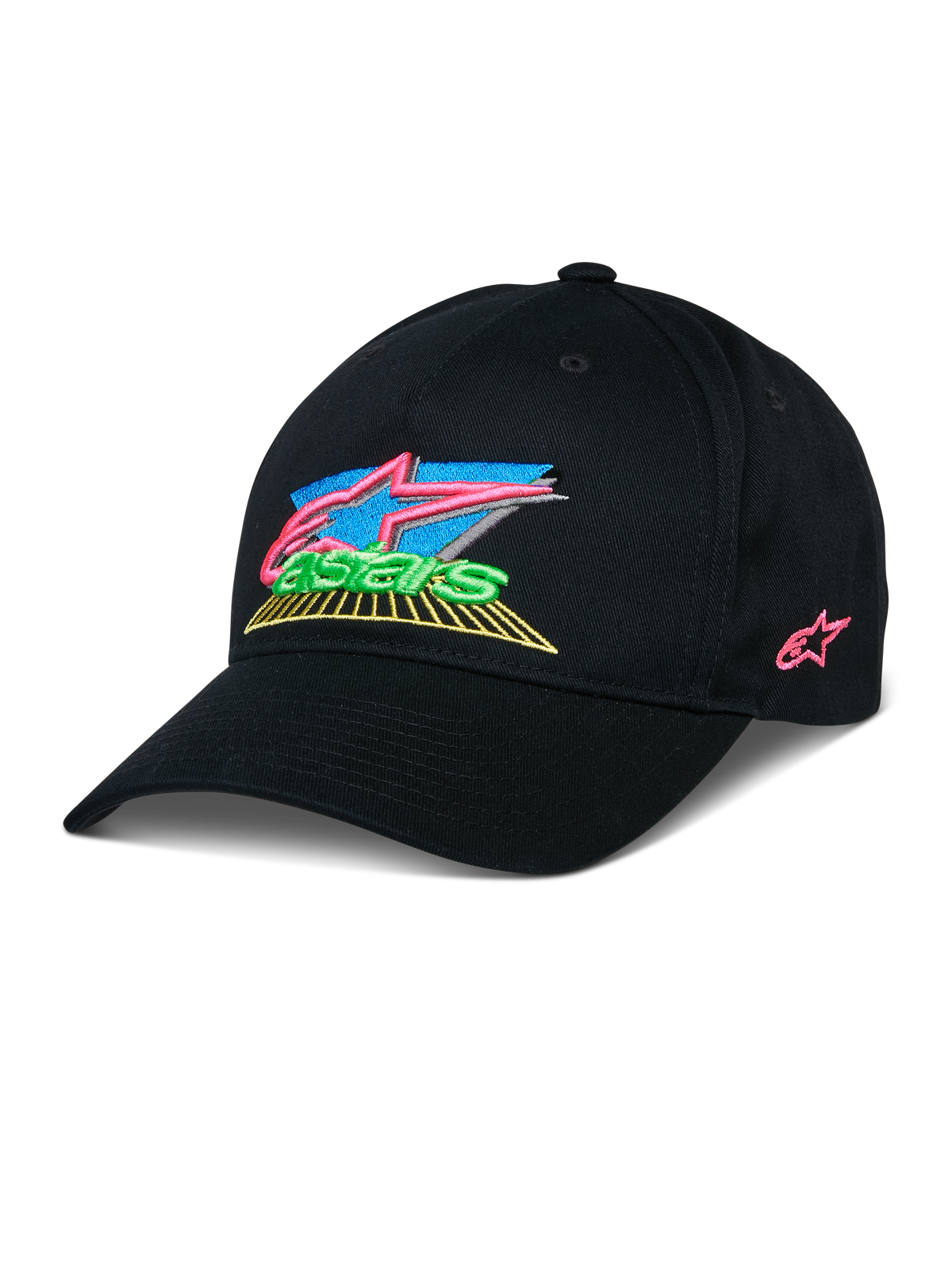Alpinestars Vivid Hat, Black Baseball Cap with colorful 3D embroidered logo, featuring vibrant pink, blue, green, and yellow accents, structured curved brim, casual motorsport-inspired streetwear