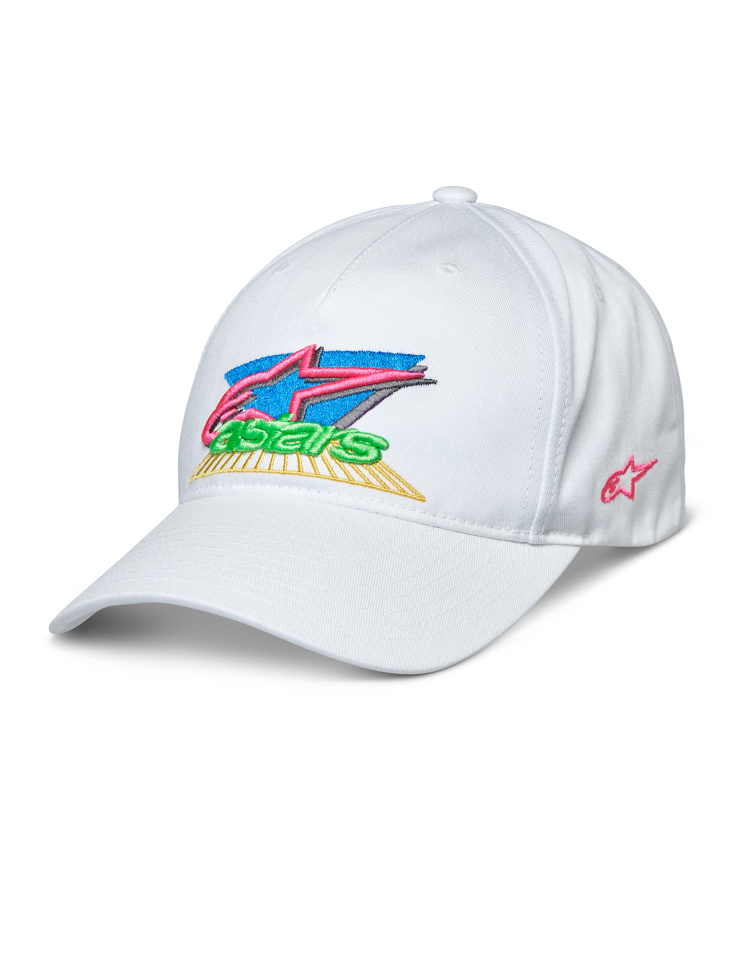 Alpinestars Vivid Hat, hvid baseballcap med farverigt 3D-broderet logo i pink, blå, grøn og gul, buet skygge, semi-struktureret lav krone, casual sportstøj
