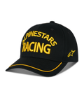 Alpinestars Luminary Hat, Black Baseball Cap, Yellow ALPINESTARS RACING 3D Embroidery, Curved Brim with Yellow Trim, Side Star Logo, Casual Motorsport Streetwear