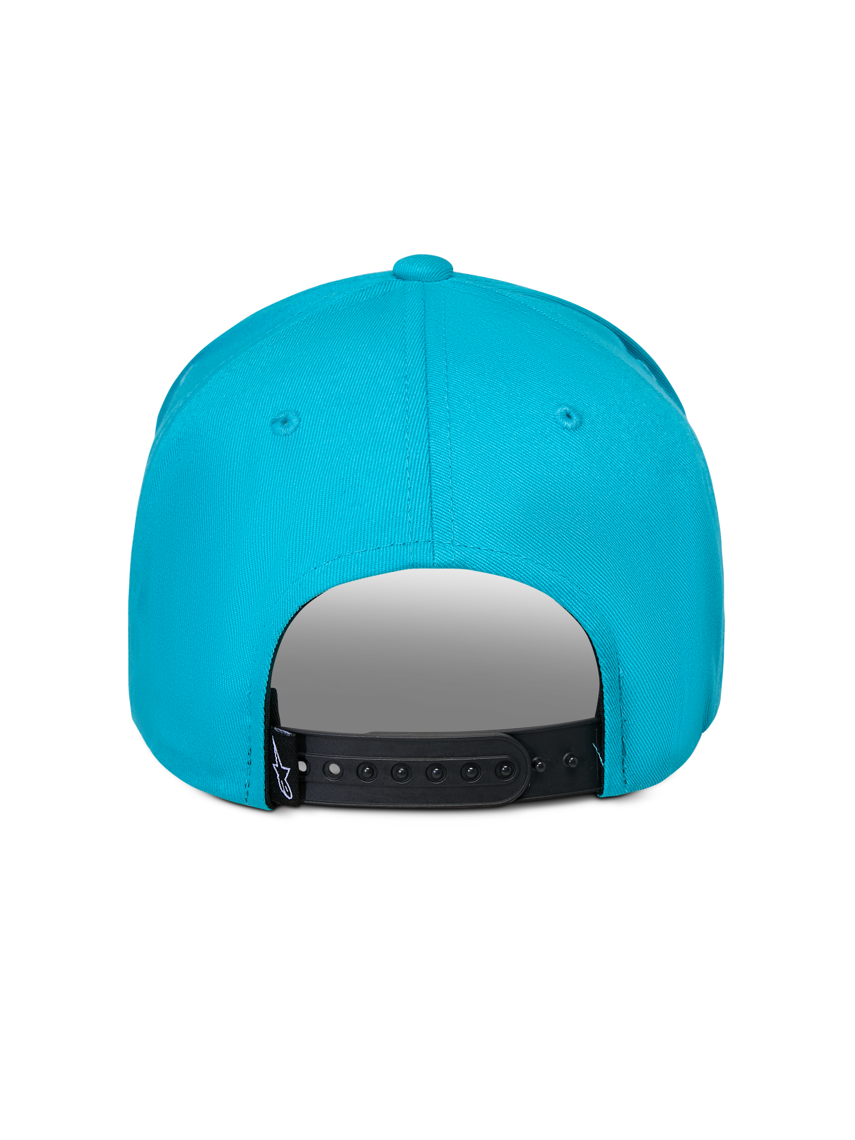 Alpinestars Luminary Hat, Aqua Blue, Back view showing adjustable black snapback closure, small black logo tag, 100% cotton twill, casual sportswear headwear.