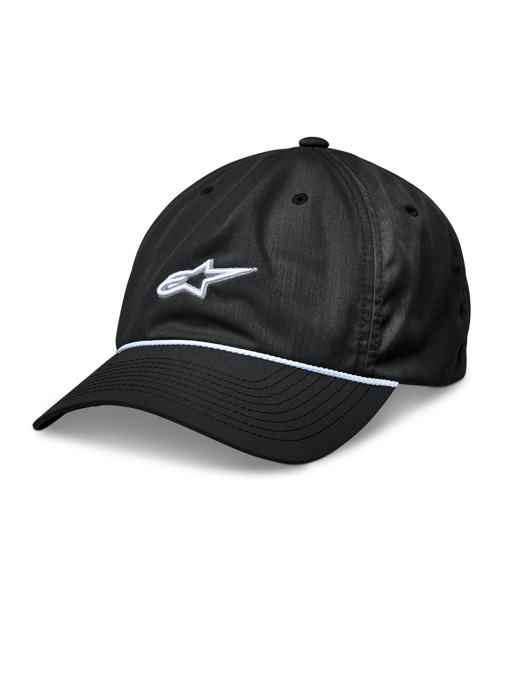 Alpinestars Tyler kasket, sort snapback baseballkasket, buet skygge med hvid flettet rebkant, hvidt 3D-broderet stjernelogo, ustruktureret lav krone, afslappet sportswear hovedbeklædning