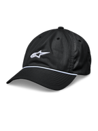 Alpinestars Tyler kasket, sort snapback baseballkasket, buet skygge med hvid flettet rebkant, hvidt 3D-broderet stjernelogo, ustruktureret lav krone, afslappet sportswear hovedbeklædning