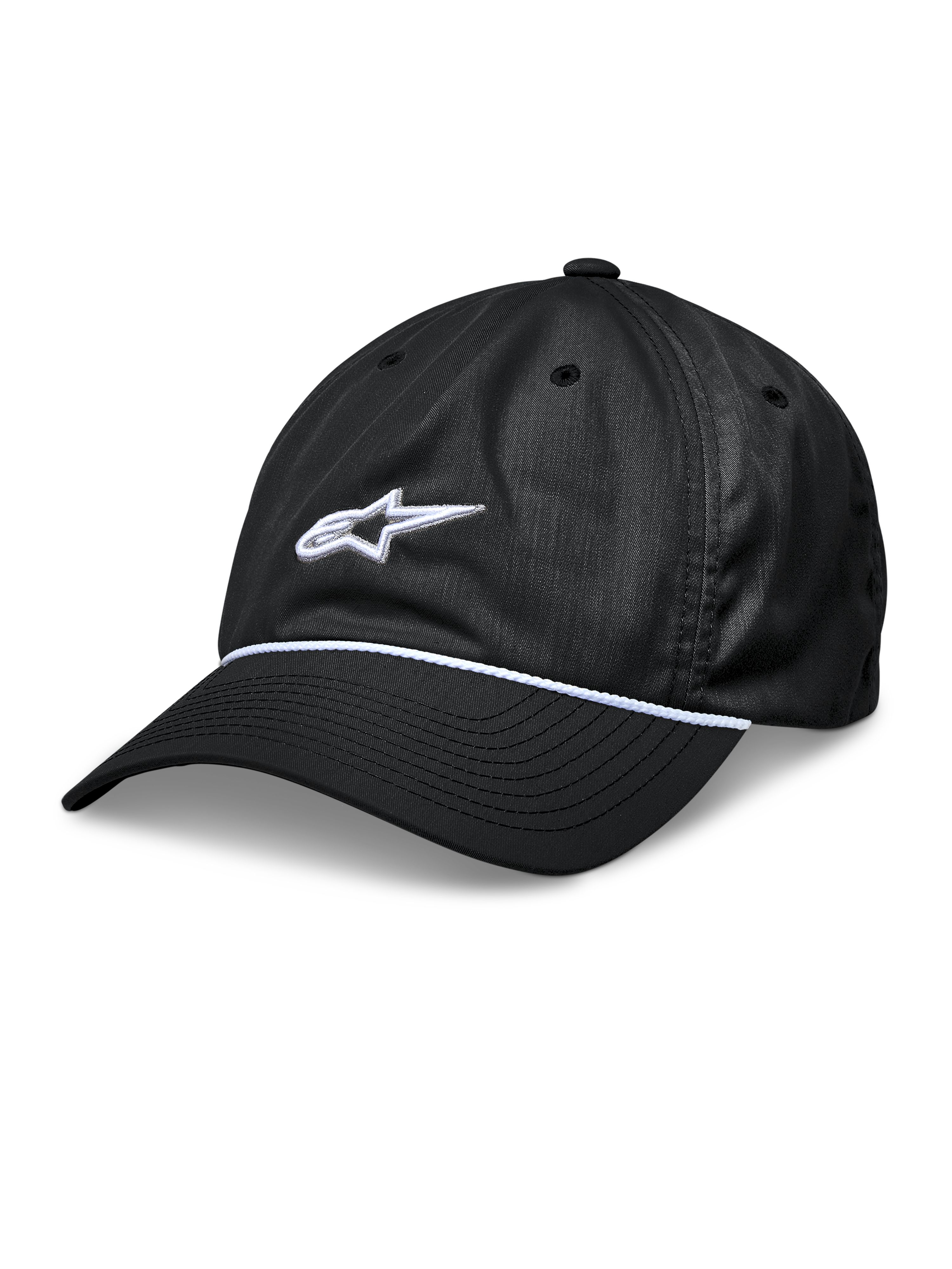 Alpinestars Tyler kasket, sort snapback baseballkasket, buet skygge med hvid flettet rebkant, hvidt 3D-broderet stjernelogo, ustruktureret lav krone, afslappet sportswear hovedbeklædning