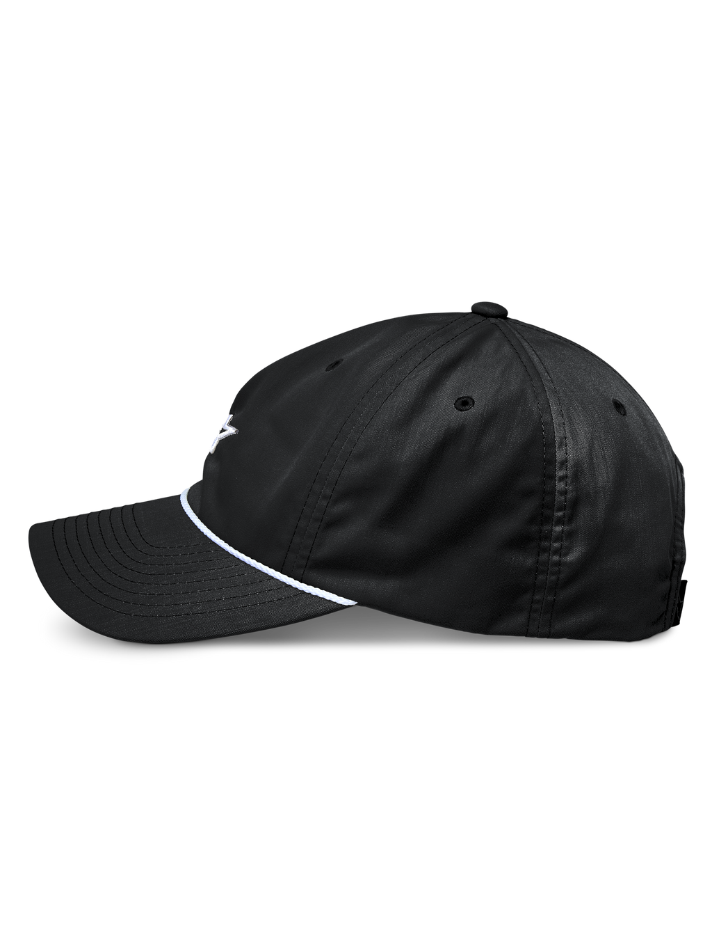 Alpinestars Tyler kasket, sort snapback baseballkasket, set fra siden, med buet skygge og hvid flettet rebkant, ustruktureret lav krone, lavet af genanvendt twill, afslappet motorsport-inspireret design